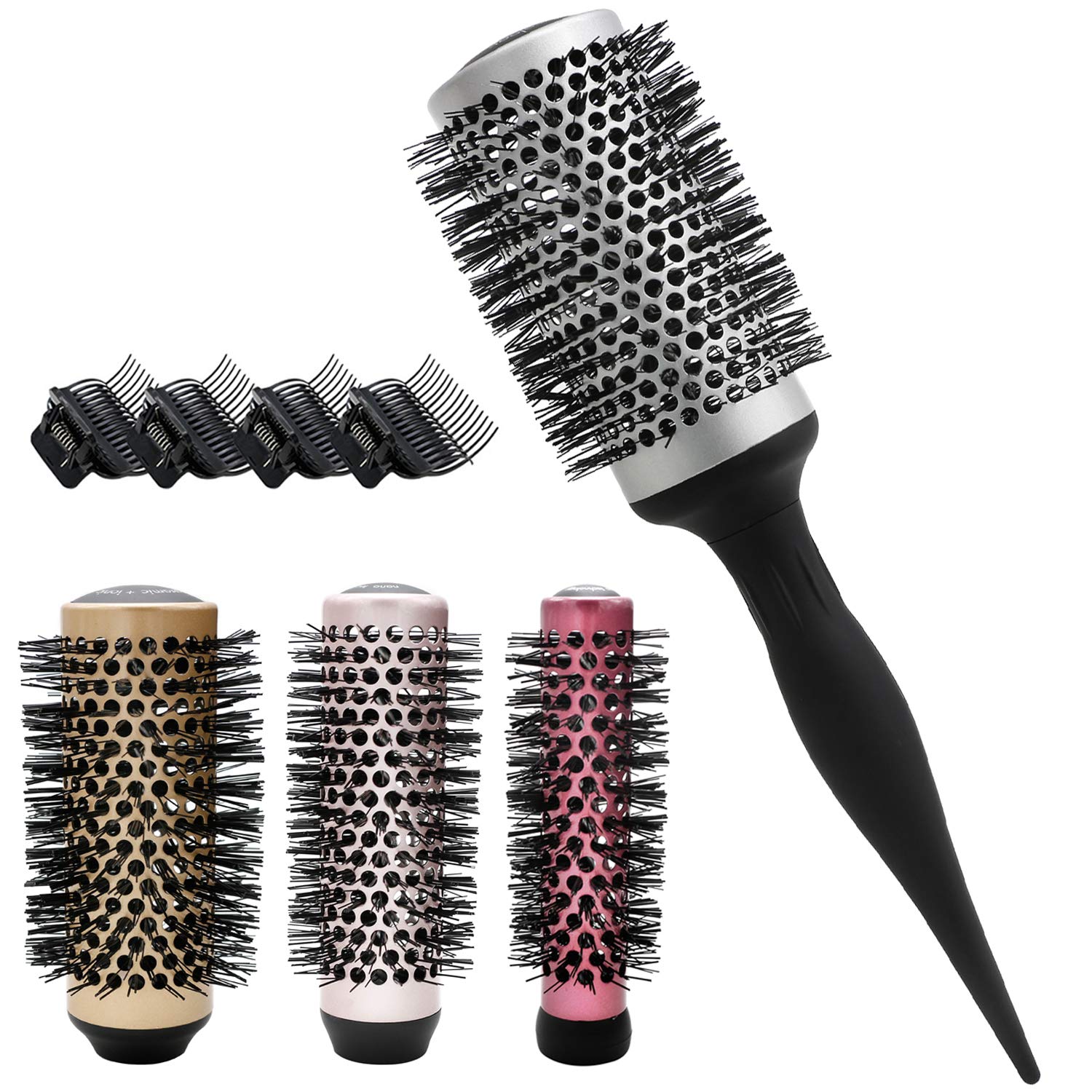 4in1 Round Hair Brush Set, 1 Detachable Handle 4 Size Barrel,Anti-Static Nano Thermic Ceramic & Ionic for Blow Drying, Styling, Curling,Straightening, Hair Volume and Shine (4 in 1 Brush)