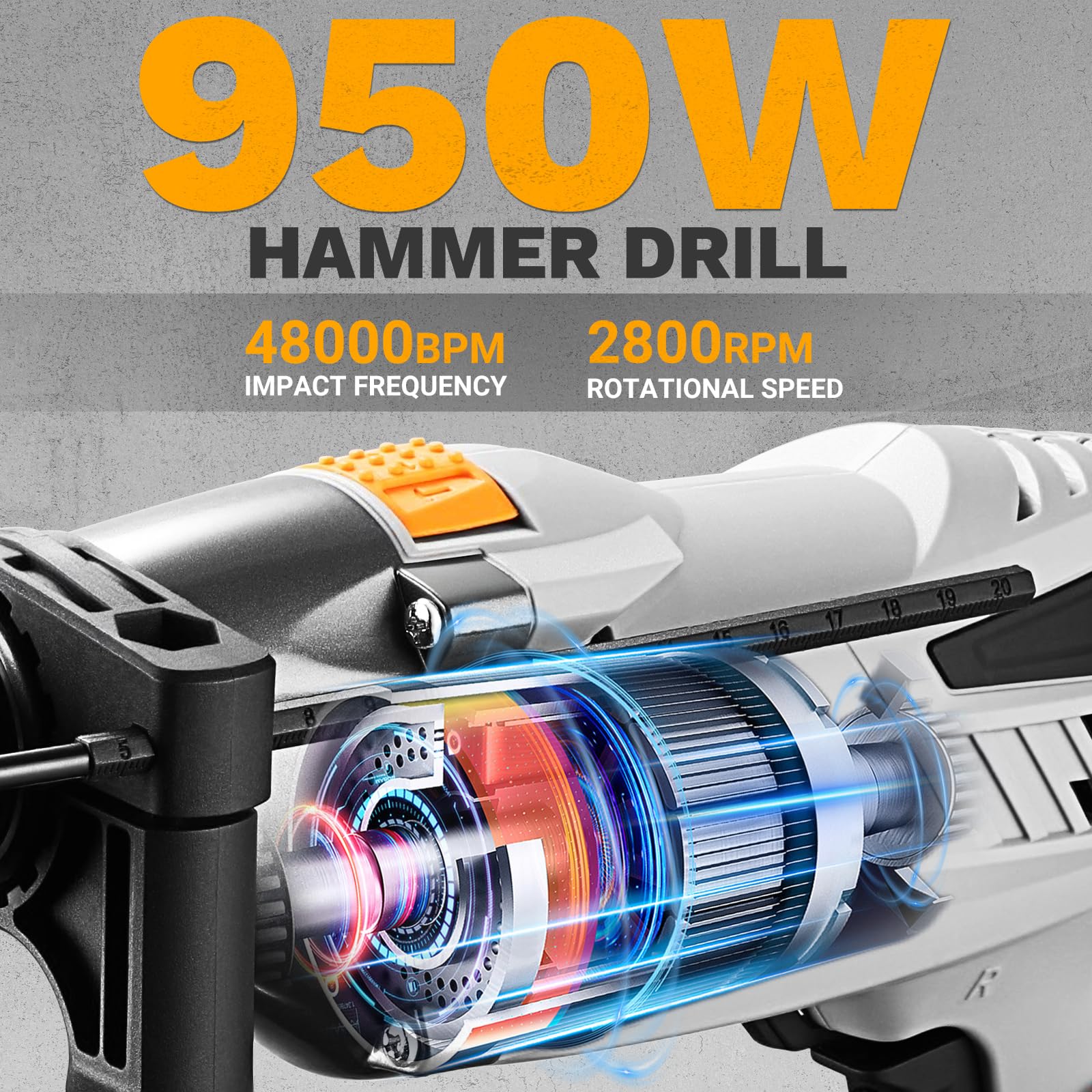 Trapano a Percussione: DEKOPRO 950W Trapano Elettrico a Filo con Mandrino Autoserrante da 13mm, Funzione 2 in 1, 12 Punte, 0-2800 giri/min, Impugnatura Ausiliaria a 360° – per Calcestruzzo e Legno