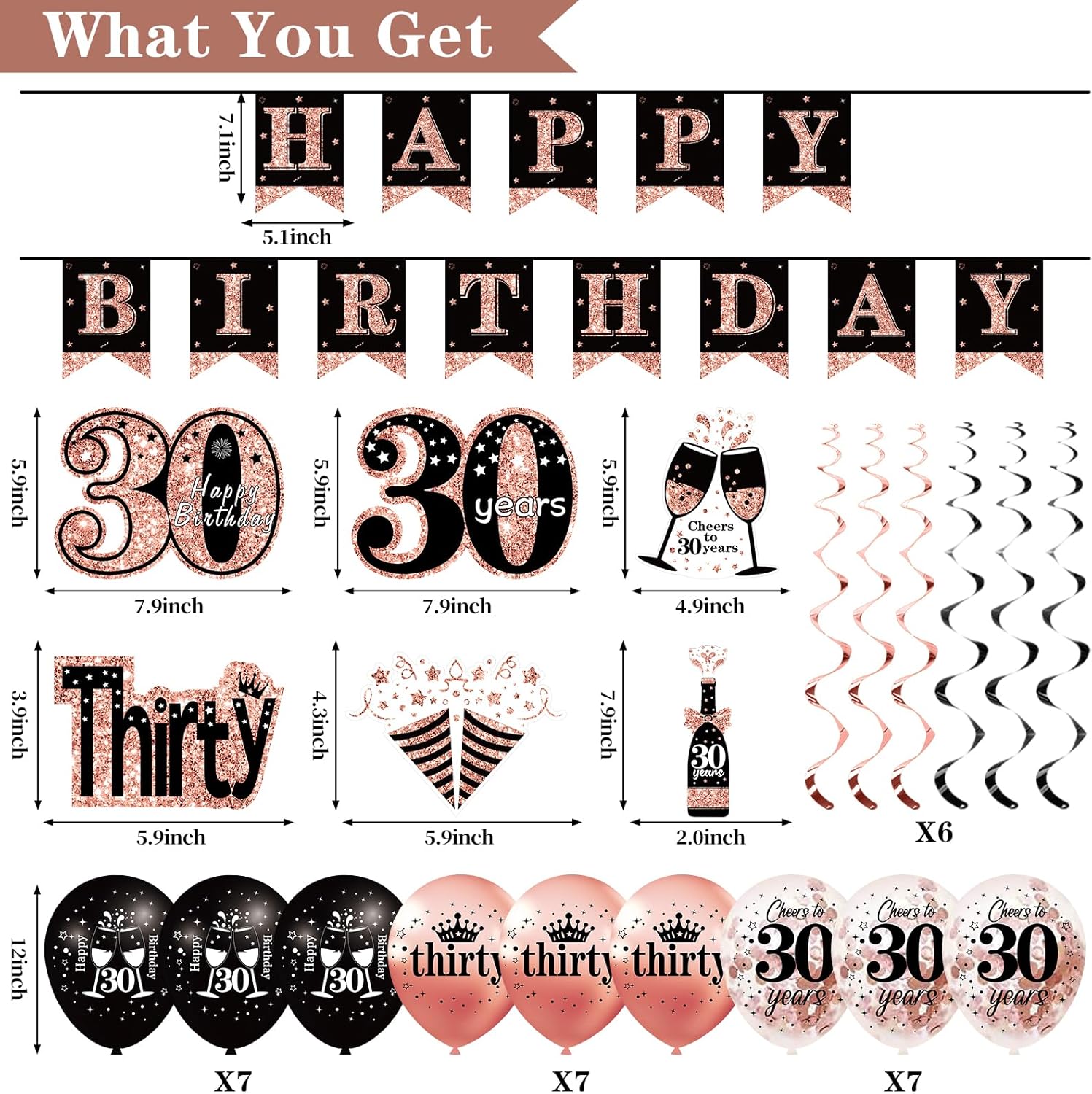 30th Birthday Decorations for Women, 33pcs 30th Birthday Crown and Sash, Black Rose Gold Happy 30th Birthday Banner Balloons Backdrop Hanging Swirls Paper Fans, 30 Years Old Birthday Decorations Kit - Image 2