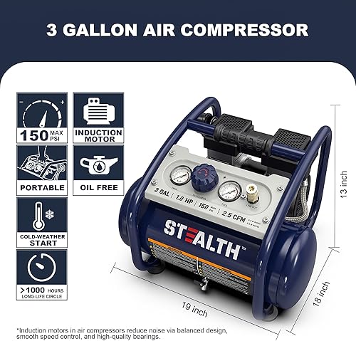Miniatura 2 de Compresor de aire Stealth 3 galones, compresor de aire silencioso, sin aceite, para inflador de neumáticos, reparación de automóviles, clavado de