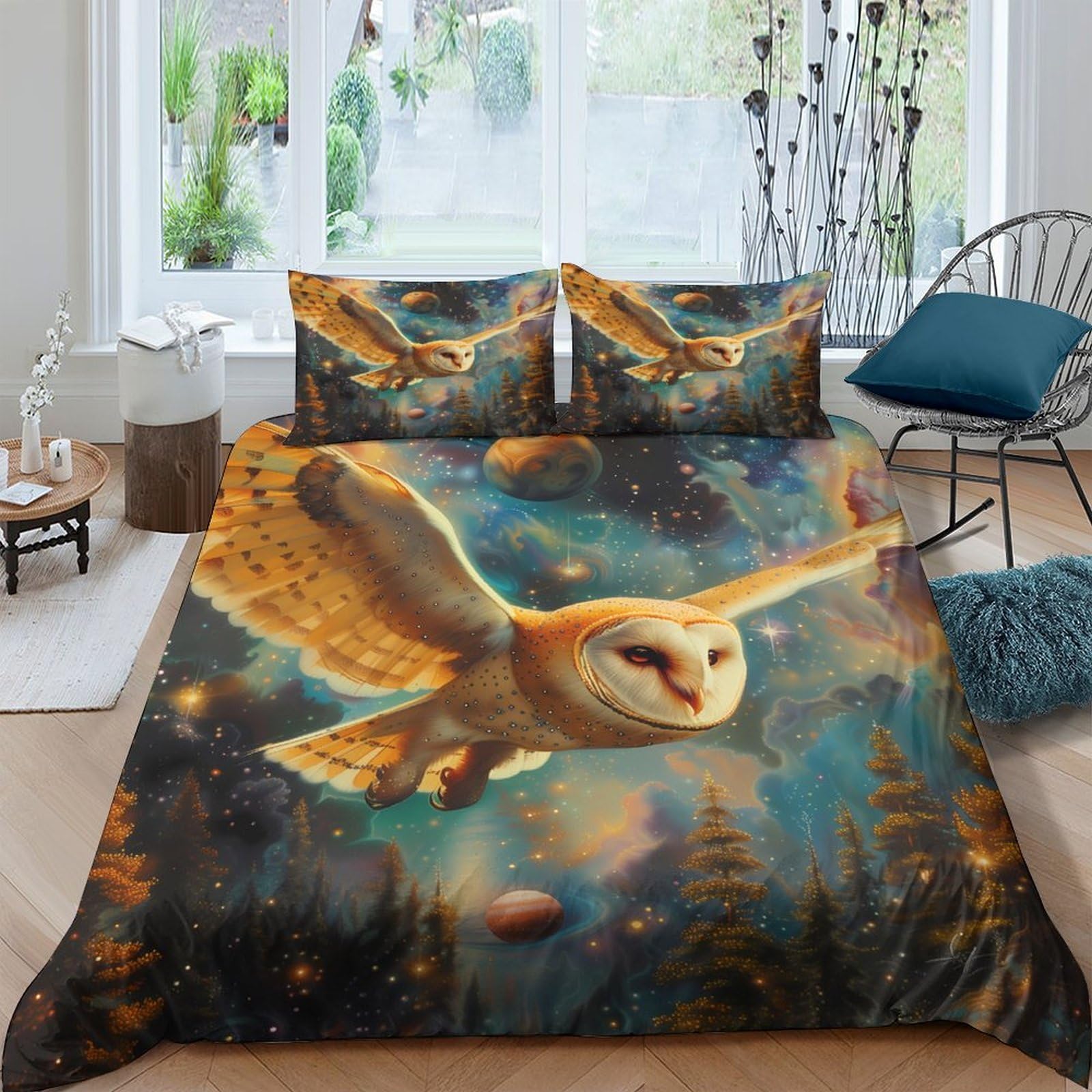 Ctjqhvkz Style-9 3D Printed Majestic Owl Fitted Sheet Microfiber Soft Breathable Forest Night Bed Cover For Bedroom Guest Room Decor Single（135X200cm）