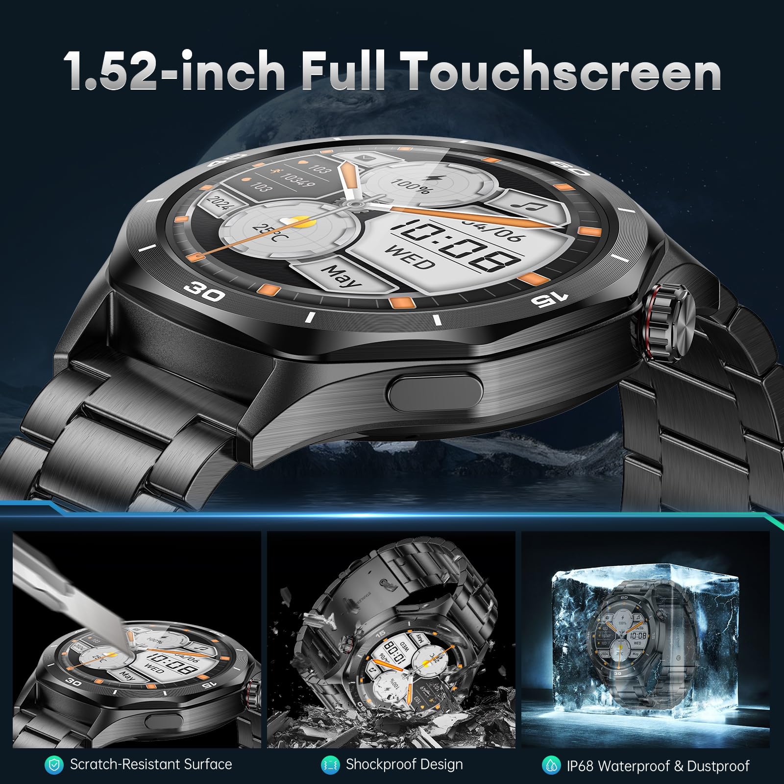 Męski smartwatch wojskowy 1,52" HD, wytrzymały smartwatch fitness z długą baterią 500 mAh, wodoszczelność IP68, 120 trybów sportowych, pulsometr, SpO2 / monitor snu, 2 paski do Android iOS