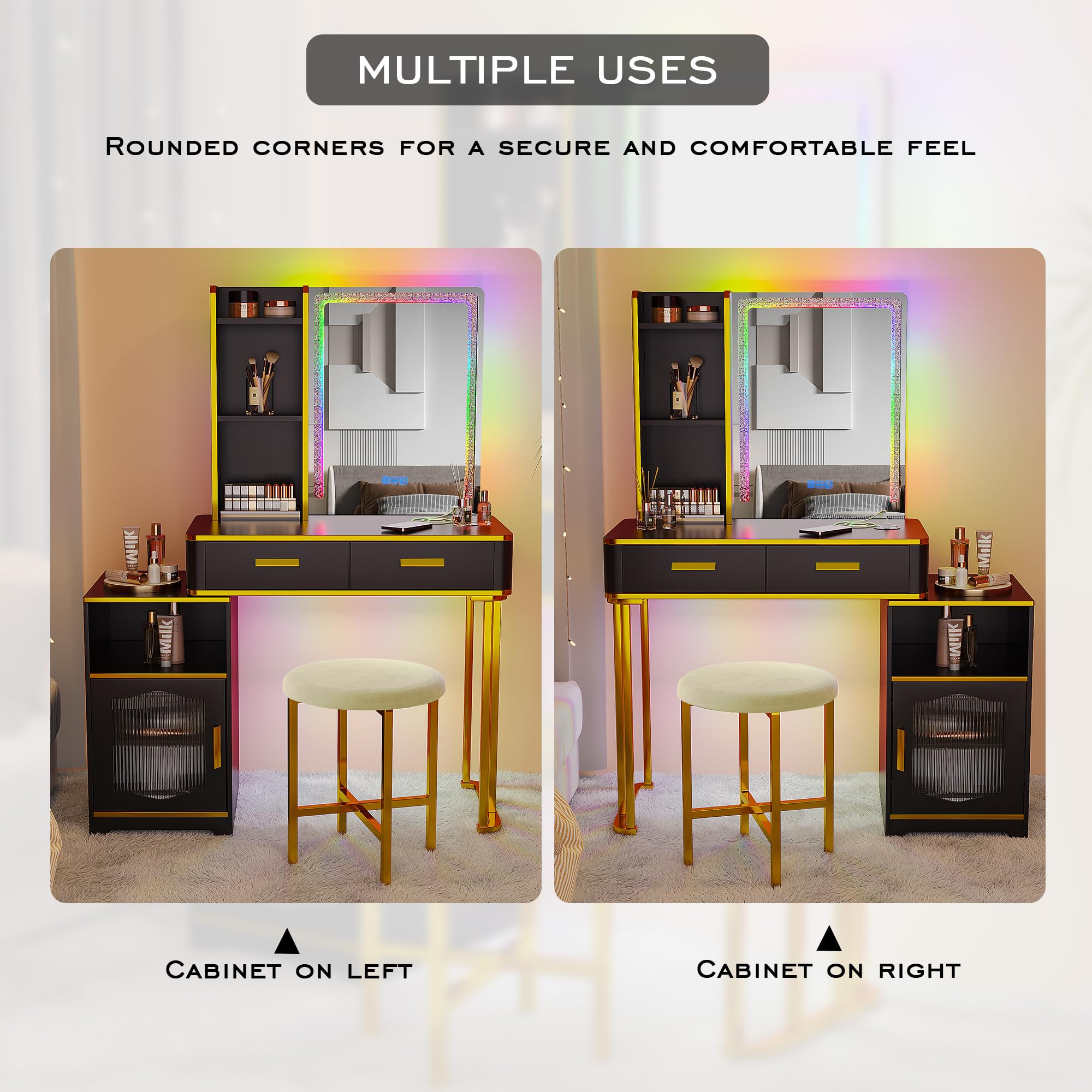Gurexl Schminktisch mit verstellbaren LED-Beleuchtung und USB, 2-in-1 Schreibtisch mit Spiegel LED und Flexibler Unterschrank,Modern Kosmetiktisch mit Hocker für Wohnzimmer,Ankleidezimmer,Schwarz