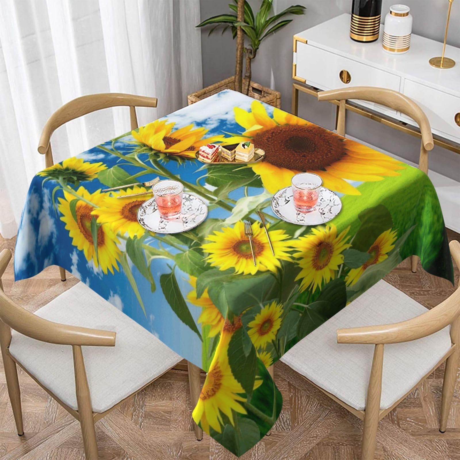 DCEHGEW Sunflowers Butterfly Prints Square Tablecloth 137x137 CM, Waterproof Fabric Table Cloth for Dining Table, Farmhouse Table Cover for Kitchen Dining Tabletop Decoration