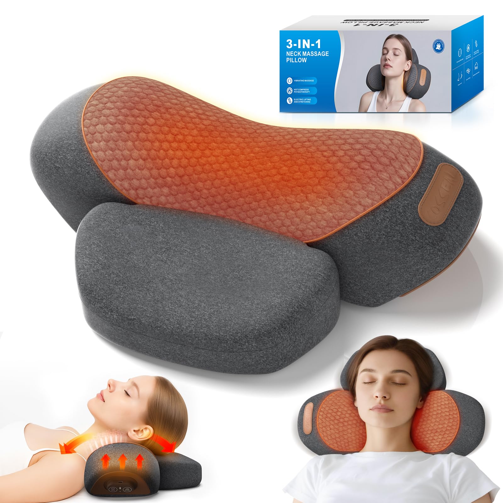 3-in-1 Neck Massager Pillow with Heating and Cervical Traction - Deep Tissue Massage for Pain Relief, Ergonomic Shoulder Massage Pillow, Neck Hump Corrector Ideal Gift for Women and Men Corded