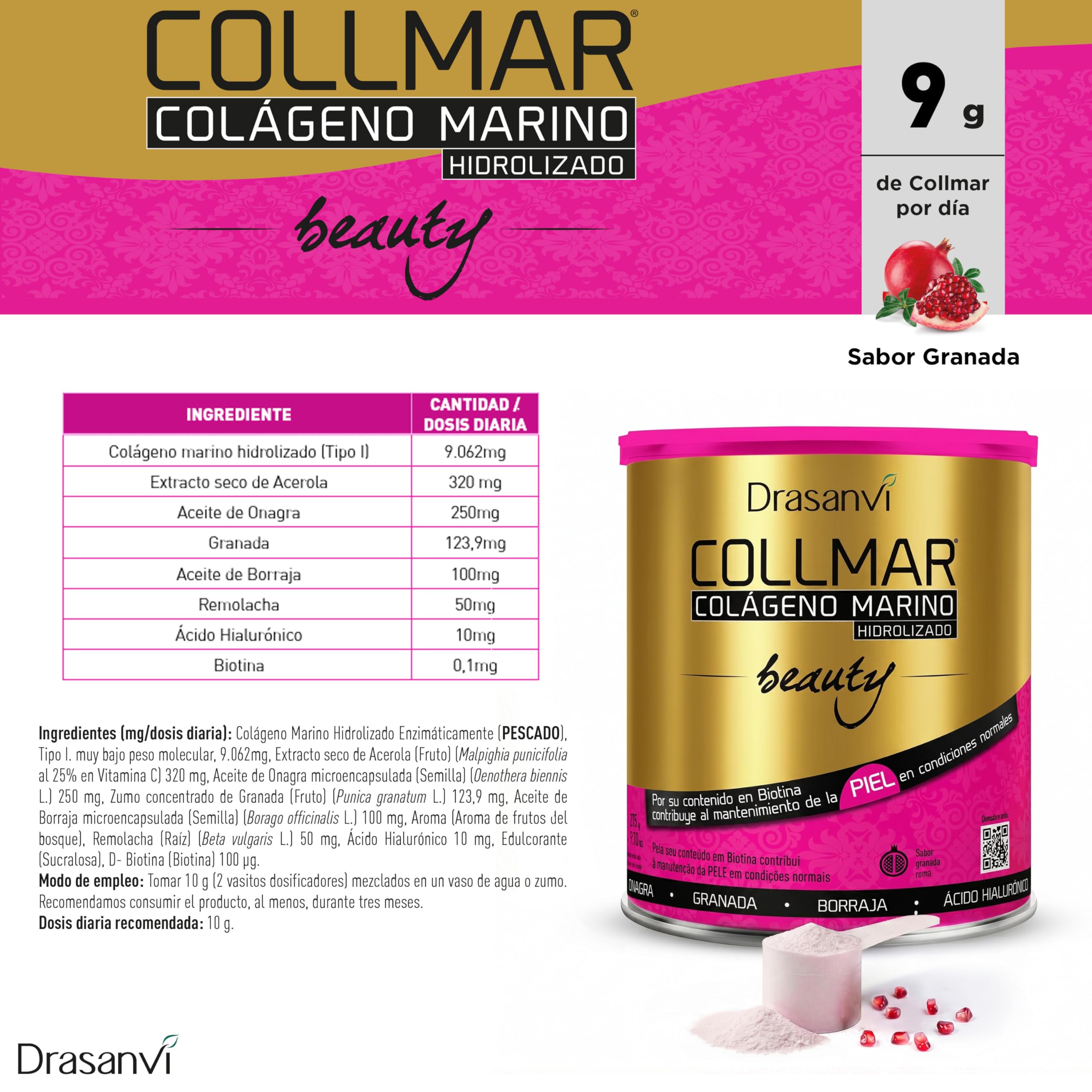 Drasanvi Colágeno Marino Hidrolizado Beauty 2 x 275 g | Ácido Hialurónico + Biotina + Vitamina C Natural | Elasticidad, Firmeza y Luminosidad de la Piel | Sin Gluten | Sabor Granada