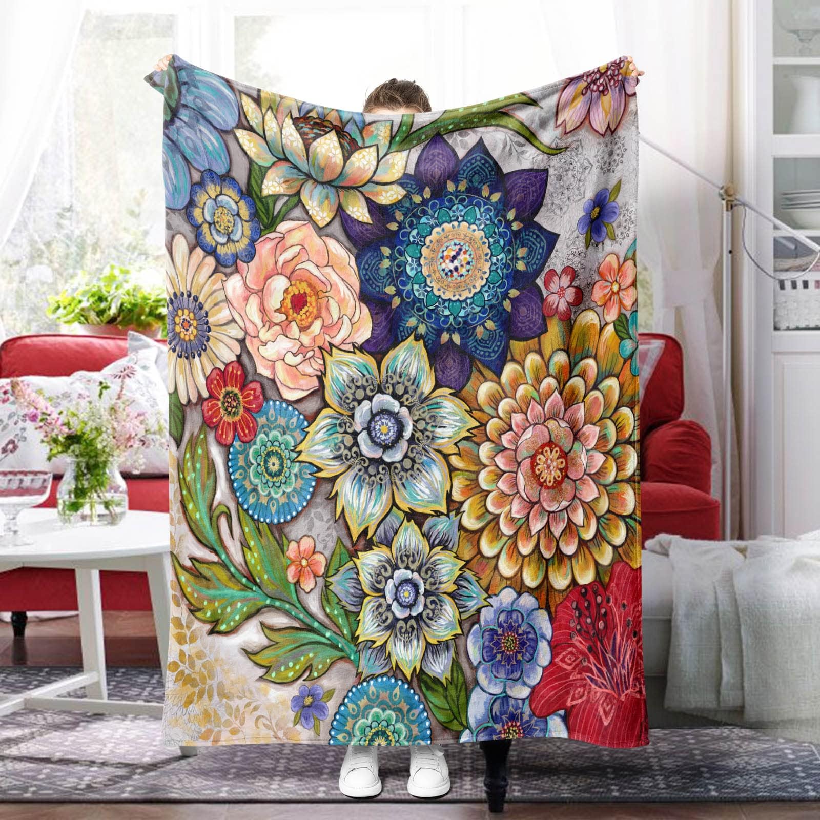 Neasow Floral Fleece Throw Blanket, Vibrant Color Boho Flowers