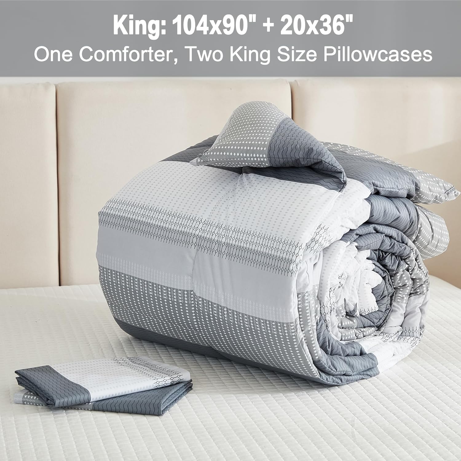 Litanika Comforter King Size Bed Set Light Grey - 3 Pieces Lightweight Bedding Comforter Sets Gray White Colorblock Stripe Fluffy All Season Bed Set - Image 7