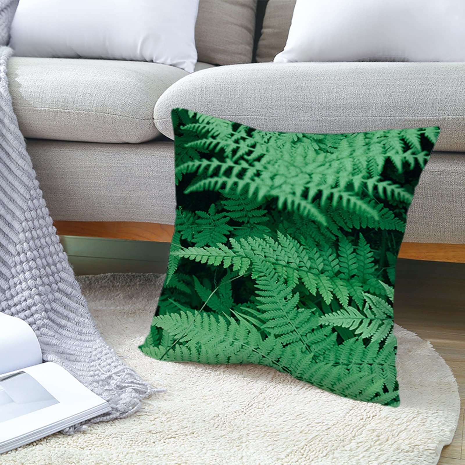 4 fundas de cojín decorativas de 50 x 50 cm, fundas de cojín verdes para dormitorio, temática de plantas, patrón de hojas verdes, funda de almohada de lino para sala de estar y sofá