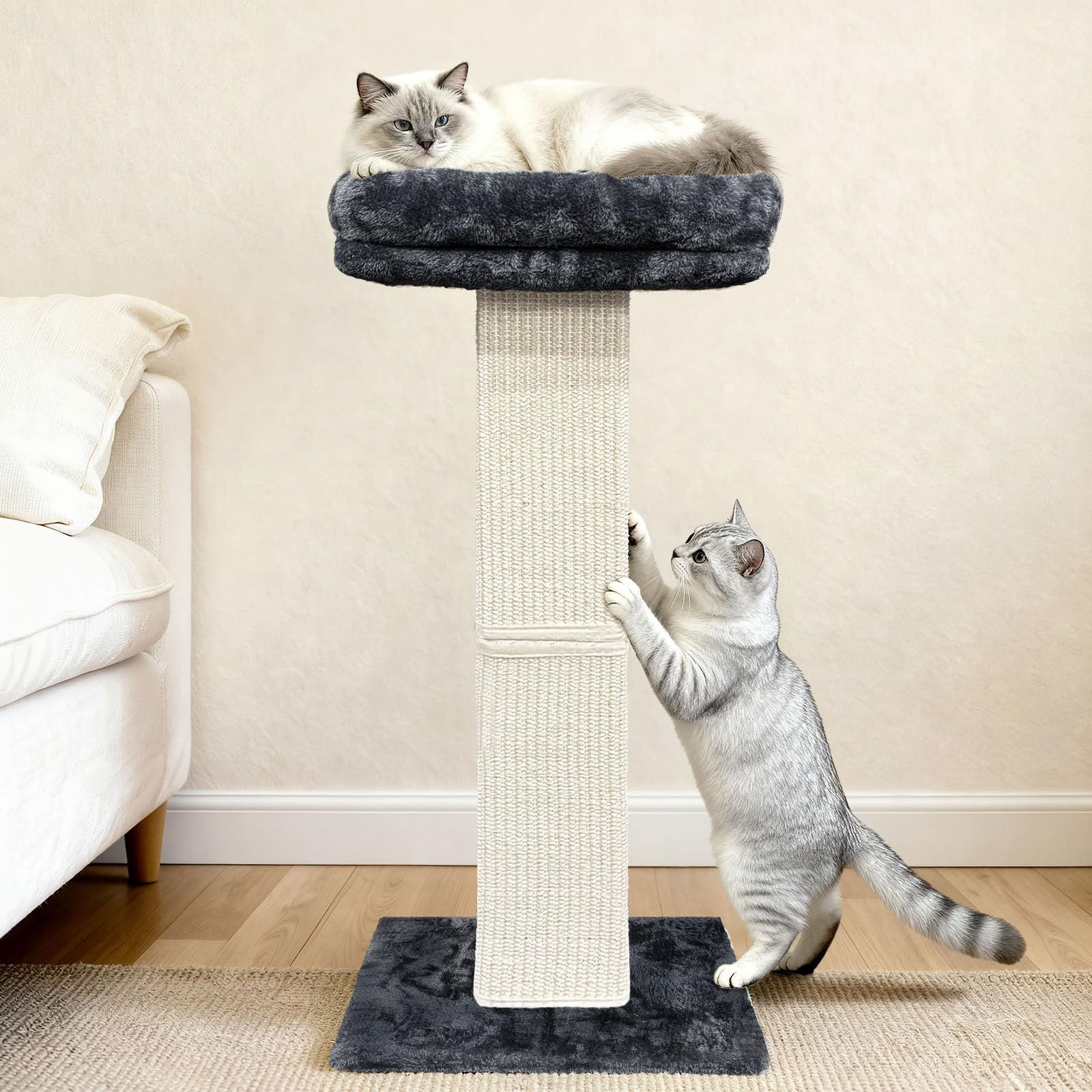 Albero tiragraffi per gatti, 81,3 cm, con grande posatoio in peluche, tiragraffi in sisal e moquette, pali verticali con letto per gatti da interni, fodera rimovibile e lavabile, grigio scuro