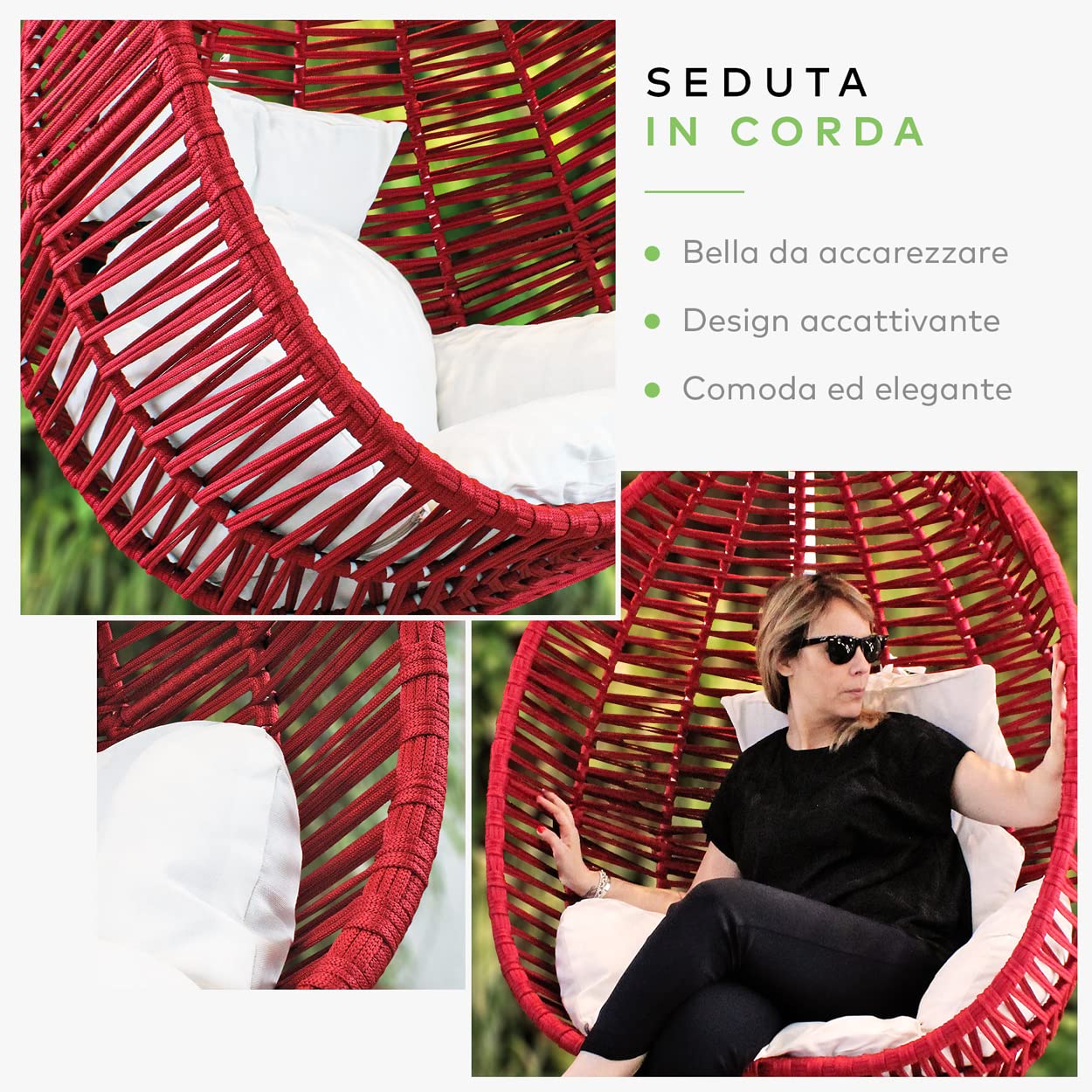 EVERGREENWEB – Sedia a Dondolo, Poltrona Sospesa in Tessuto per Intero ed Esterno, completa di struttura in Acciaio e Cuscini Super Soft - Sedia Ovetto Nido AutoPortante – Ischia (Singolo, Tortora)