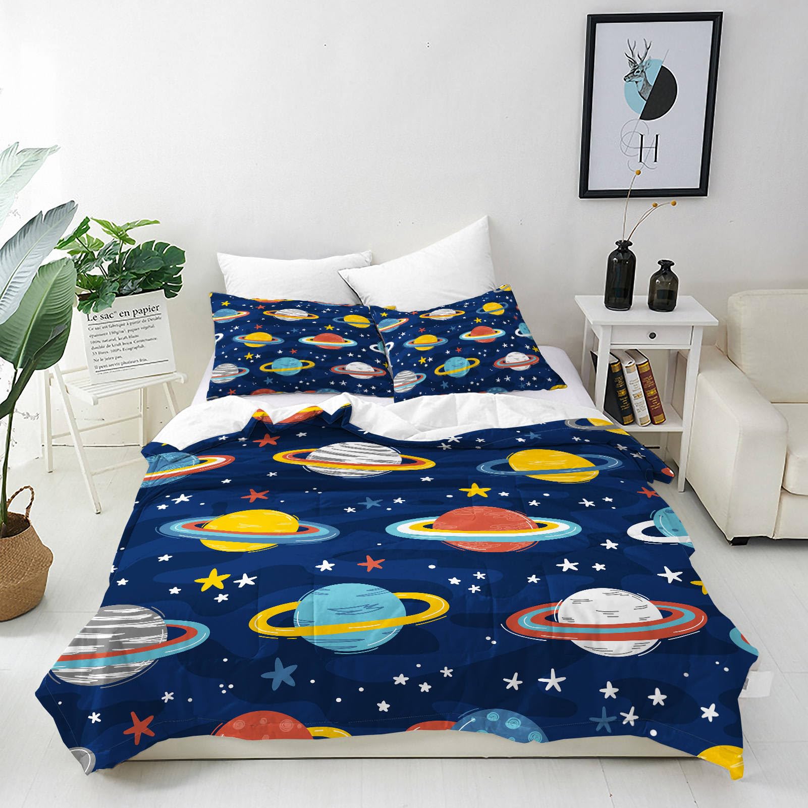 ANHOPE Planet Duvet Cover Set Soft Comforter Cover Set Cartoon Space Planet Stars Print Pattern 3 Piece Bedding Set with 2 Pillowcases All Season Quilt Cover with Zipper Closure Double — image 1
