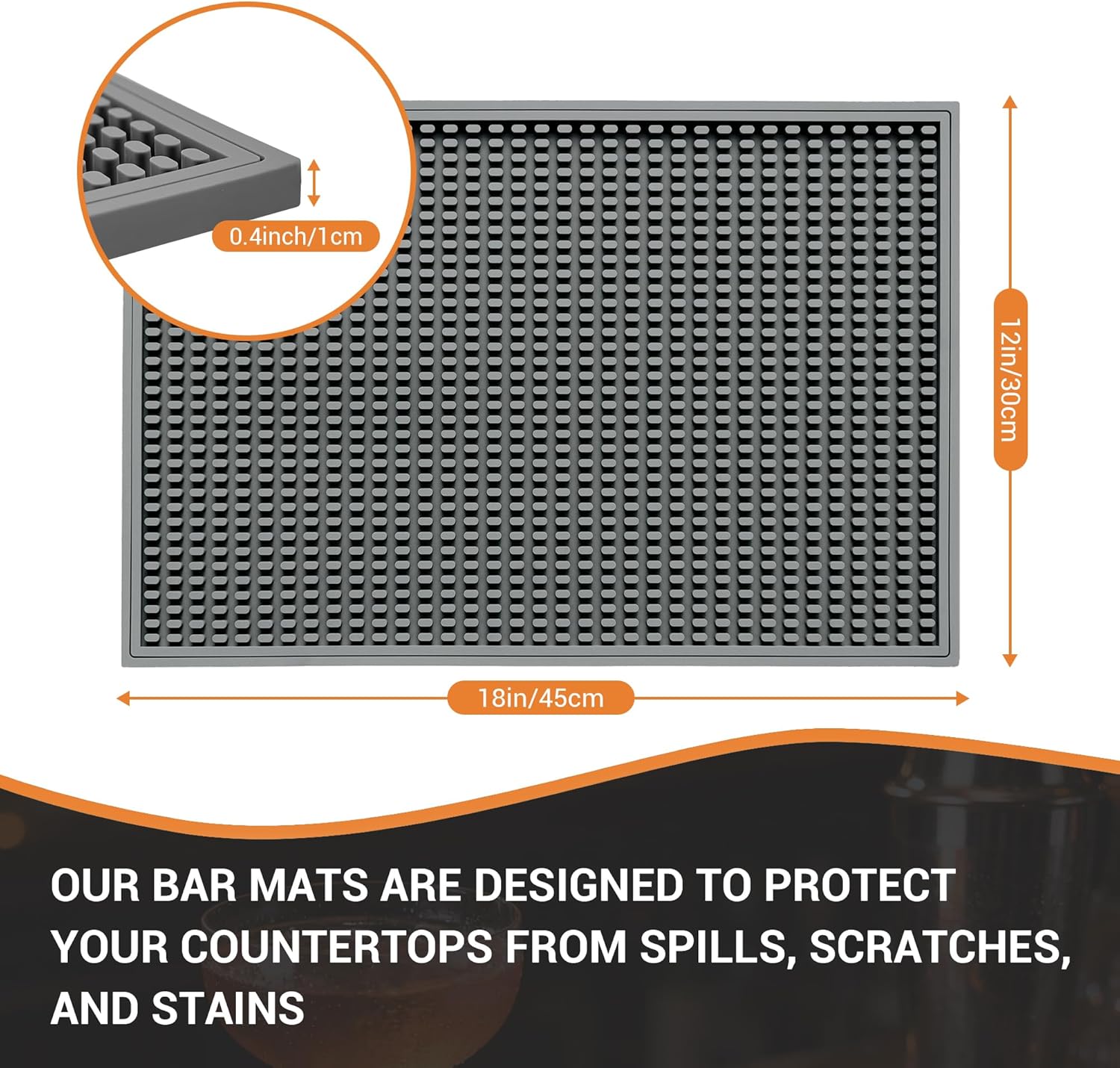 ZJWZLG Bar Mat - 18"X12"(2 Pcs) Rubber Bar Mats for Countertop & Dish Drying, Non-Slip Bartender Mat with Airflow Design for Home Bar, Cocktail Set, Kitchen & Outdoor Use (Gray)