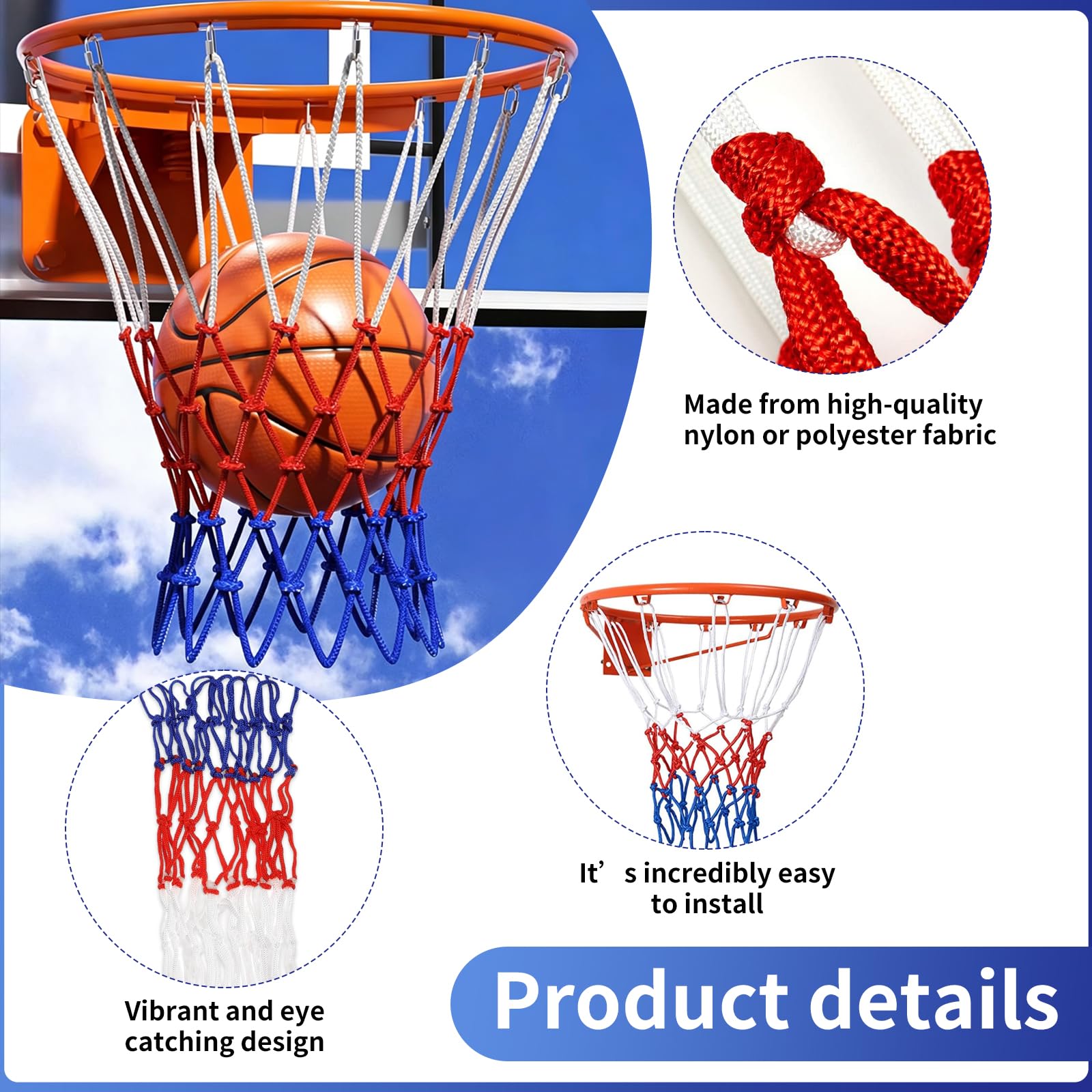 Rete Canestro Basket 4 Pezzi, Retina da Basket 52 cm con 12 Anelli, Ricambio per Canestro Standard in Blu Rosso Bianco, per Campo Interno Esterno, Scuola, Parco e Casa