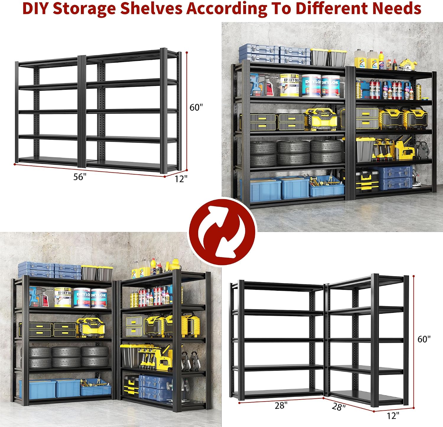 Garage Shelving Units and Storage,60"X28"X12"Inches Deep Heavy Duty Metal Shelves Adjustable,2000lbs Garage Storage Shelves,Sturdy Steel Utility Rack Industrial Tool Shelf for Basement Shop