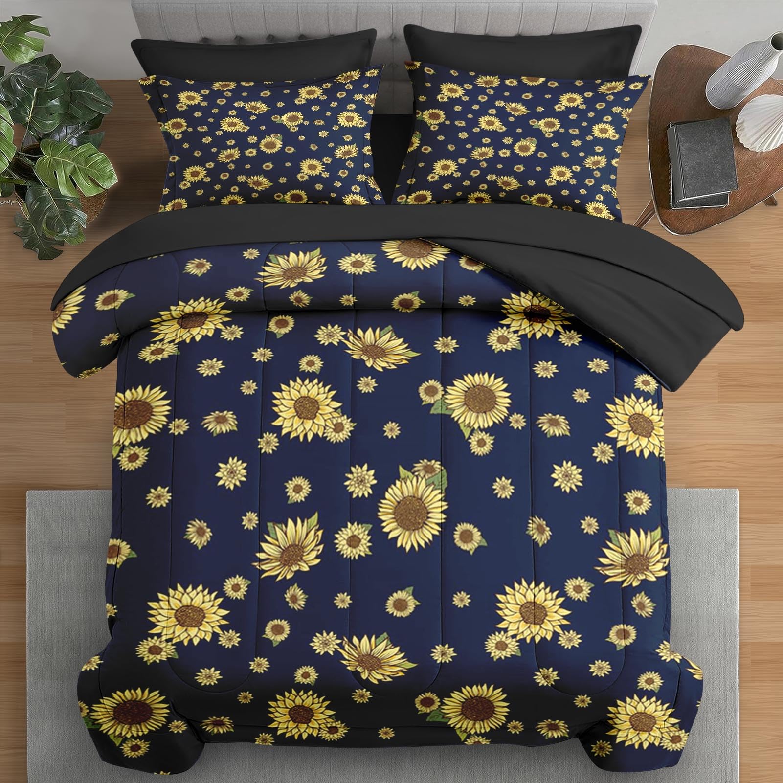 Comforter Set Queen Size, Vintage Sunflower Navy Blue 7 Pcs Bedding for Kids and Adults, Floral Flower Bed Sheet Sets with Fitted Sheet 2 Pillowcases & 2 Shams for Bedroom Bed Decor