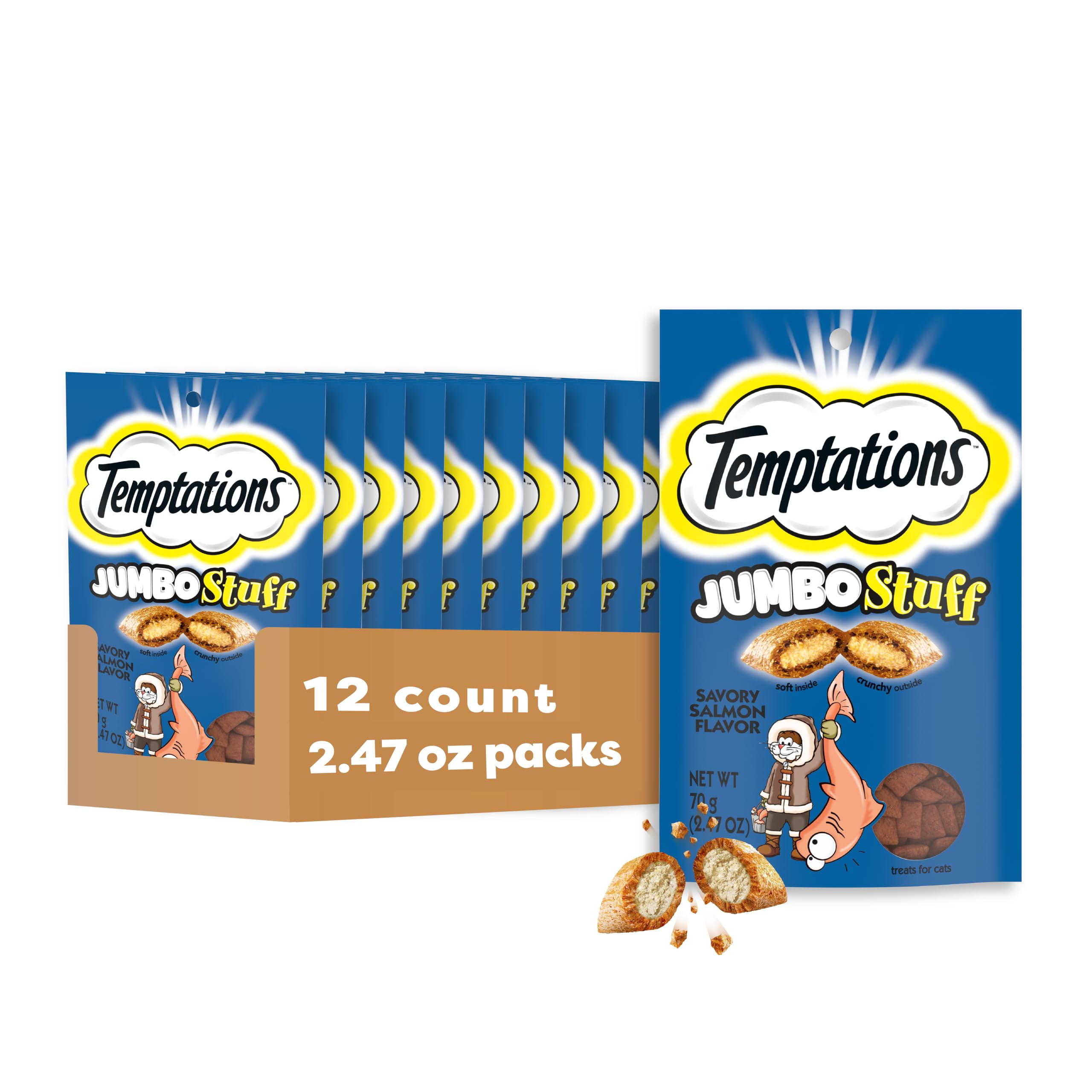 Temptations Jumbo Stuff Crunchy and Soft Cat Treats Savory Salmon Flavor, 2.5 oz. Pouch (Pack of 12)