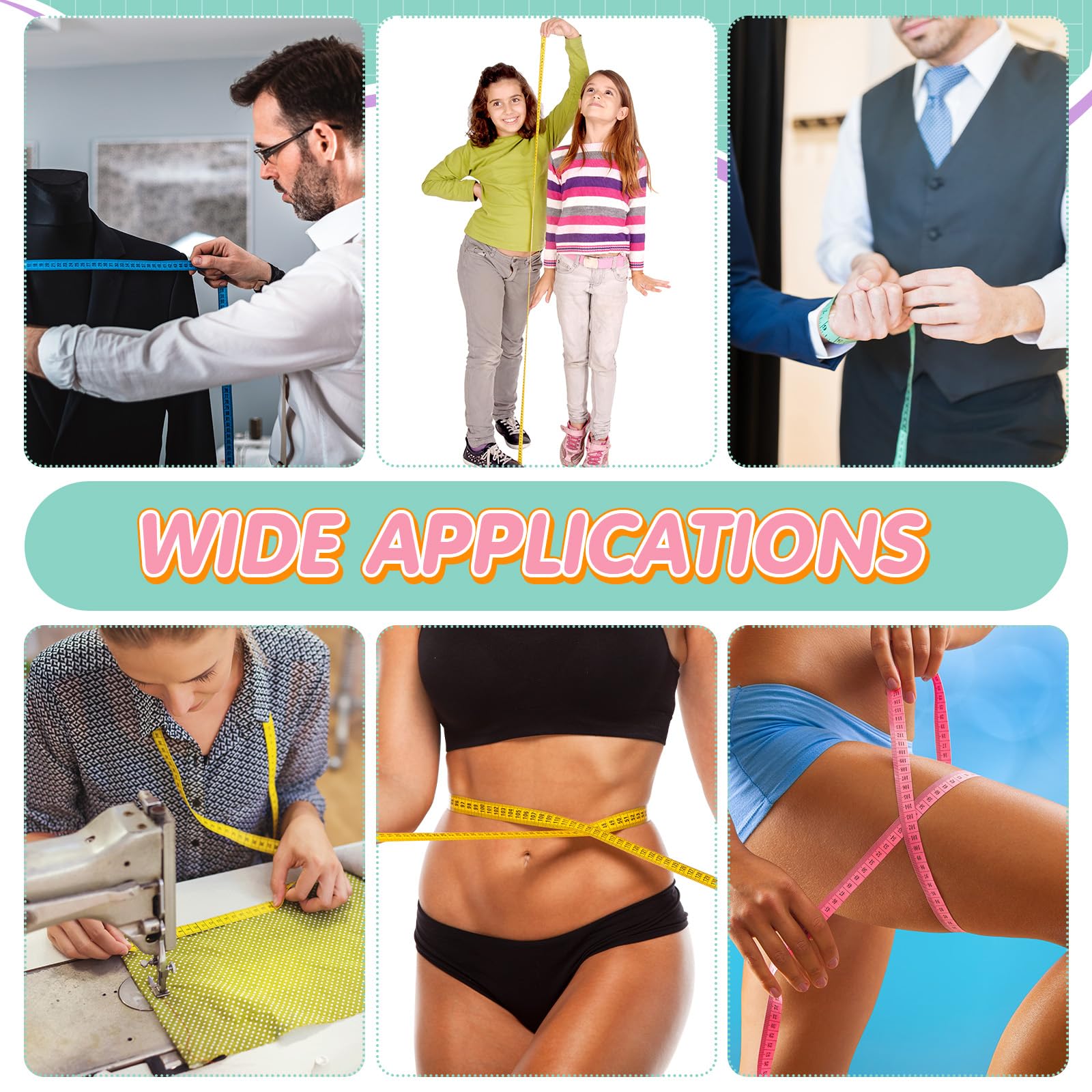 Kigeli 100 cintas métricas retráctiles de 60 pulgadas, cinta métrica suave, cinta métrica de tela de costura, cinta métrica flexible de bolsillo, cinta digital para el cuerpo (multicolor)