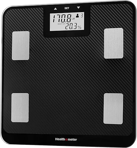 Health o meter Báscula Digital de Composición Corporal – IMC, Medición de Grasa Corporal y Masa de Agua, Seguimiento Multiusuario, Capacidad de 450