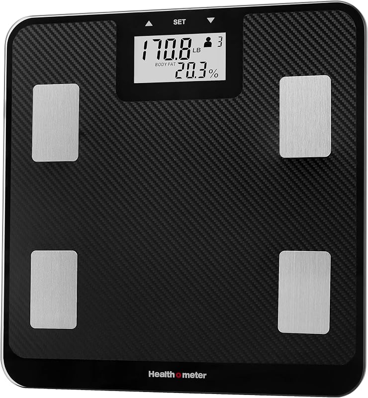 Digital Body Composition Scale – BMI, Body Fat & Water Mass Measurement, Multi-User Tracking, 450 lb Capacity, Step-On Carbon Fiber Platform, Backlit Display, 3 AAA Batteries Included
