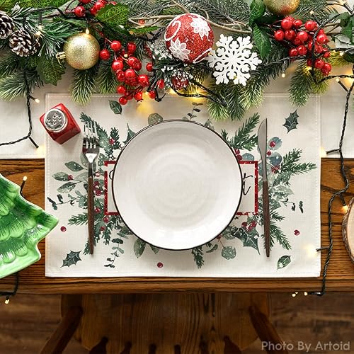 Miniatura 2 de Artoid Mode Juego de 4 manteles individuales de Navidad con hojas de flor de pascua de eucalipto, 12 x 18 pulgadas, para decoración de fiestas,
