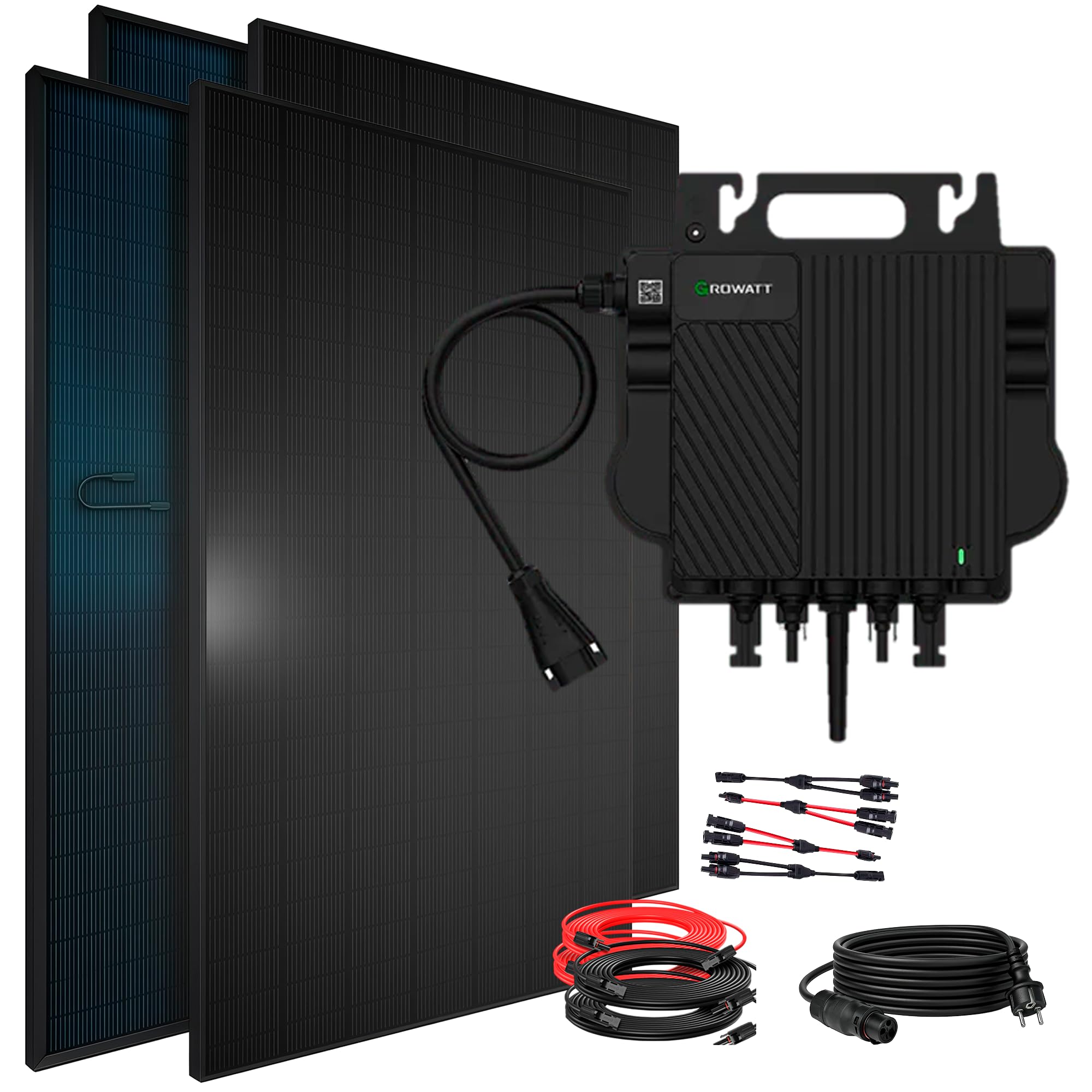 SUNNIVA® 1840W Balkonkraftwerk BIFAZIAL FULLBLACK komplett Steckdose GROWATT NEO-800M-X Wechselrichter, PV Solaranlage Komplettset,4x460W Glas-Glas Bifacial Solarmodule, 5m Kabel,4x2,5m Solarkabel