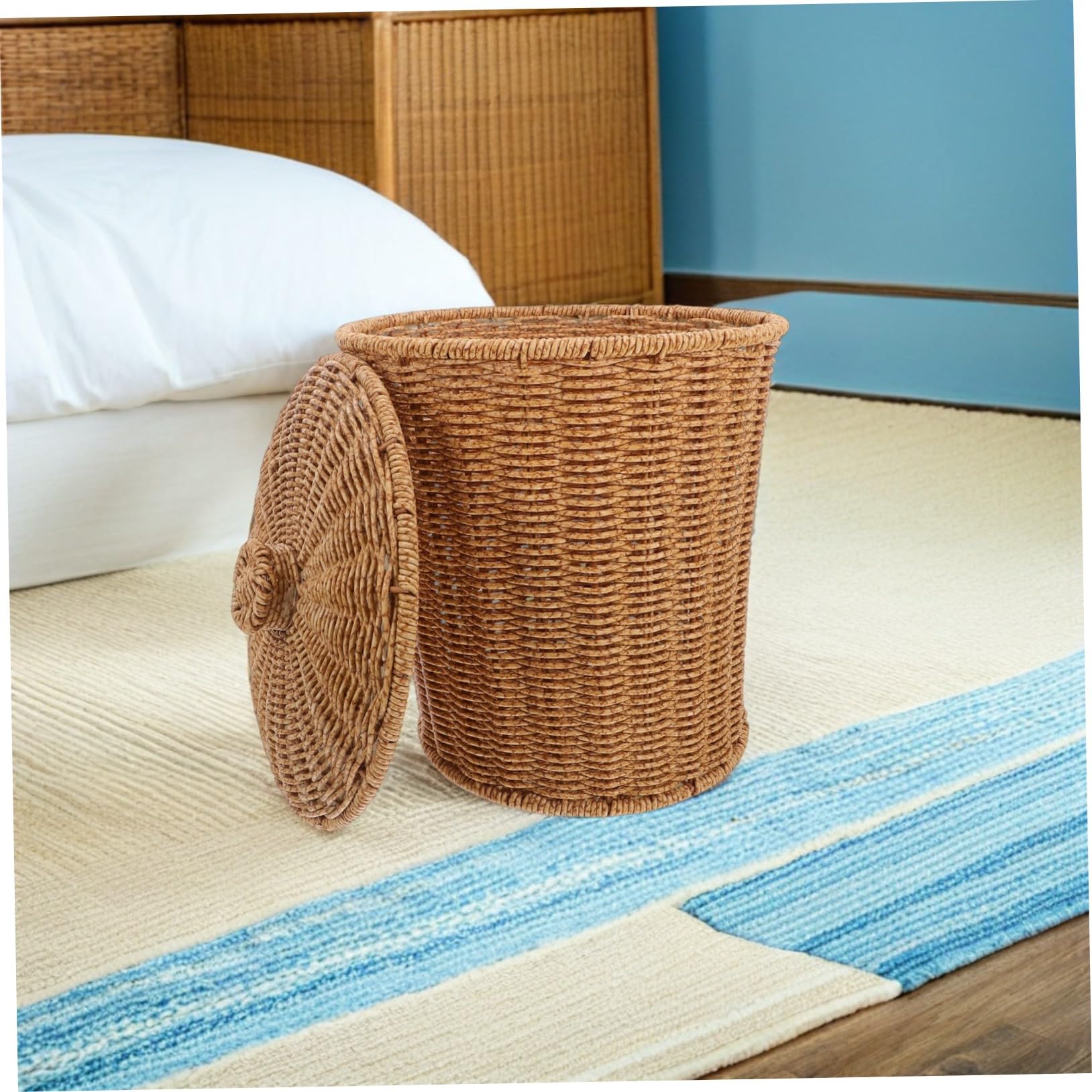Zerodeko Panier de Rangement Tissé Main avec Couvercle pour Linge et Jouets Panier Rond Rotin Synthétique pour Maison