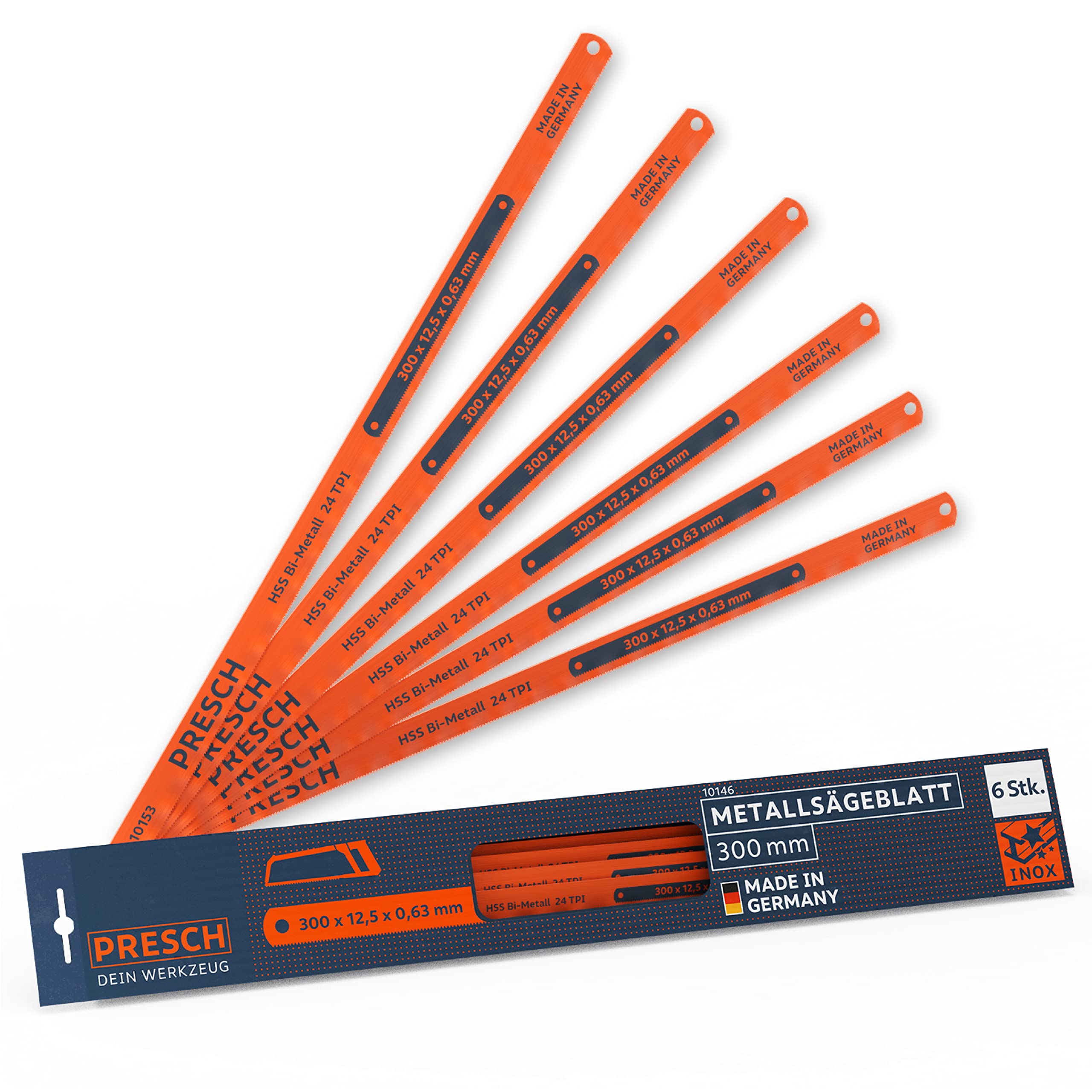 Presch Metallsägeblatt Set 300mm 6 Stk. - Original PUK Sägeblätter für Handsägen - Bi-Metallsägeblatt mit HSS Schneide für NE-Metalle (Kupfer), Edelstähle, Plexiglas, Kunststoffe