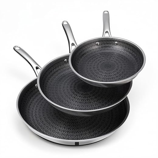 Ammeloo Hybrid Tri-Ply Stainless Steel Frying Pan Set, 8"/9.5"/11" Cooking Pans, Non Stick Frying Pans and Skillets, Chef Pan, Non Toxic, Dishwasher Safe, Induction Compatible, Black Interior