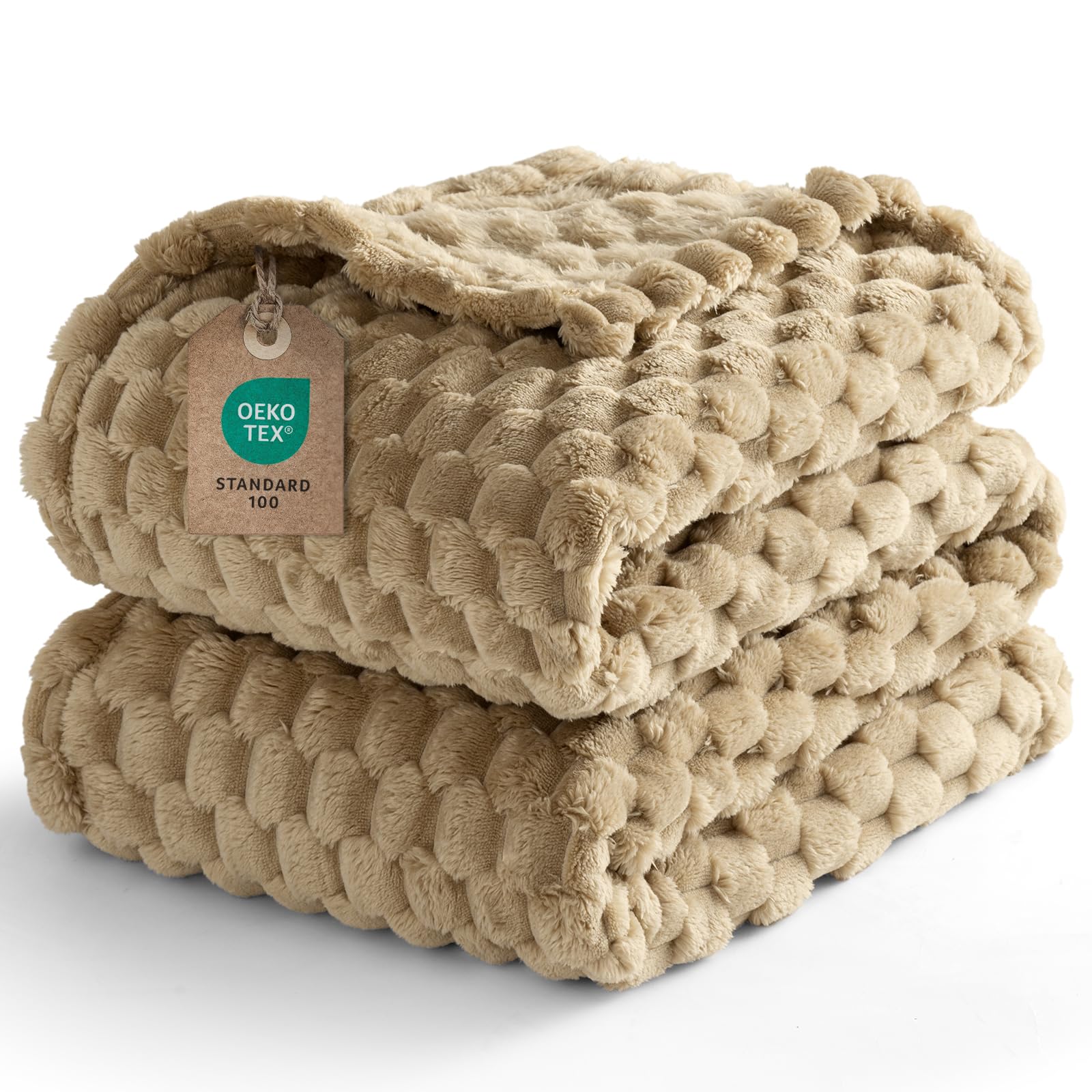 PHF Fleece Blanket Single Size 127x152cm, No Shedding No Pilling Soft Lightweight 3D Jacquard Sherpa Fleece Throw Blanket for Bed, Fluffy Cozy All Season Single Blanket, Camel/Light Khaki