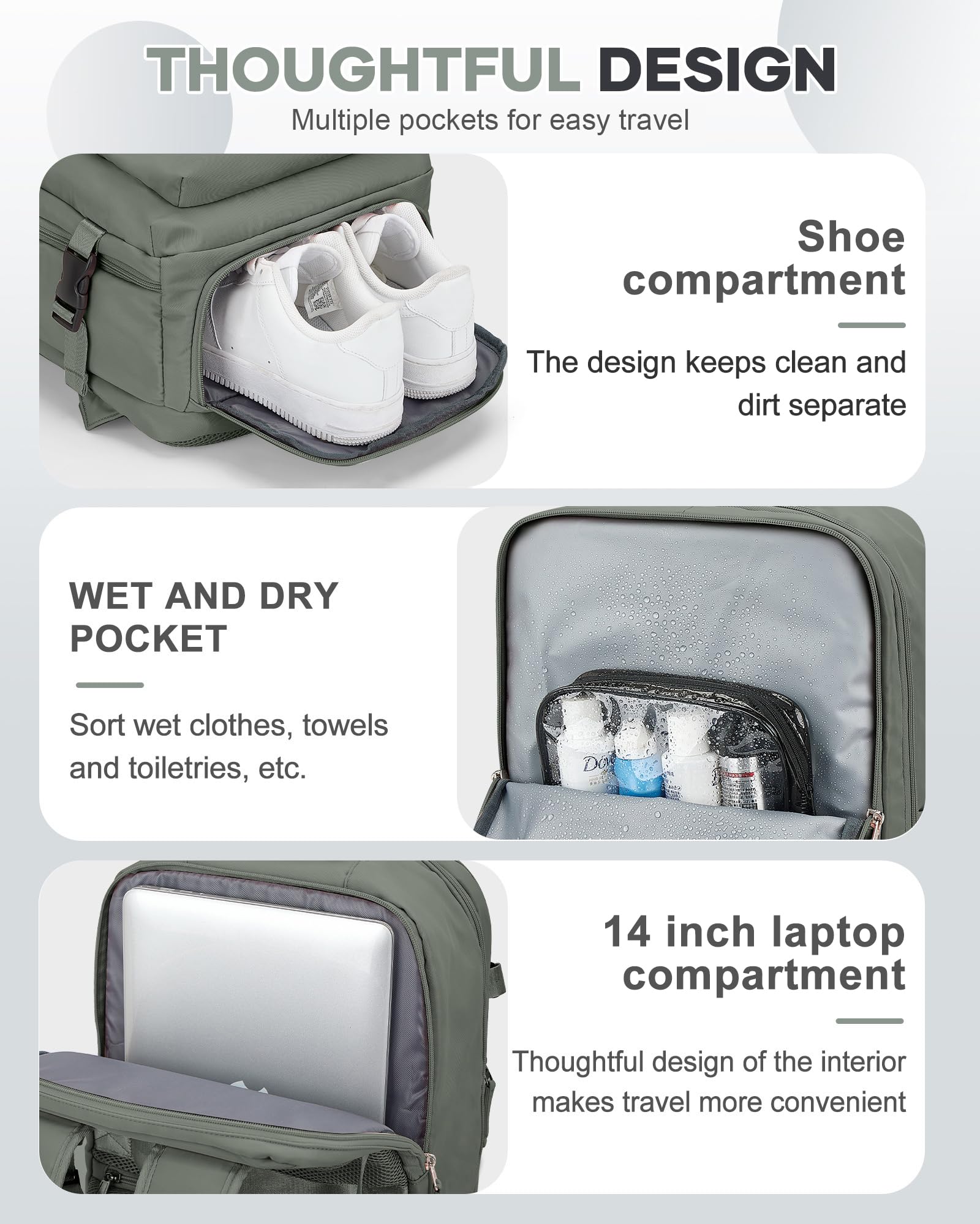 VECAVE Mochila de viaje para laptop para mujeres y hombres, mochila aprobada para vuelos, mochila informal para fin de semana, negocios, senderismo, A-verde oscuro-6, Small, Mochilas de viaje