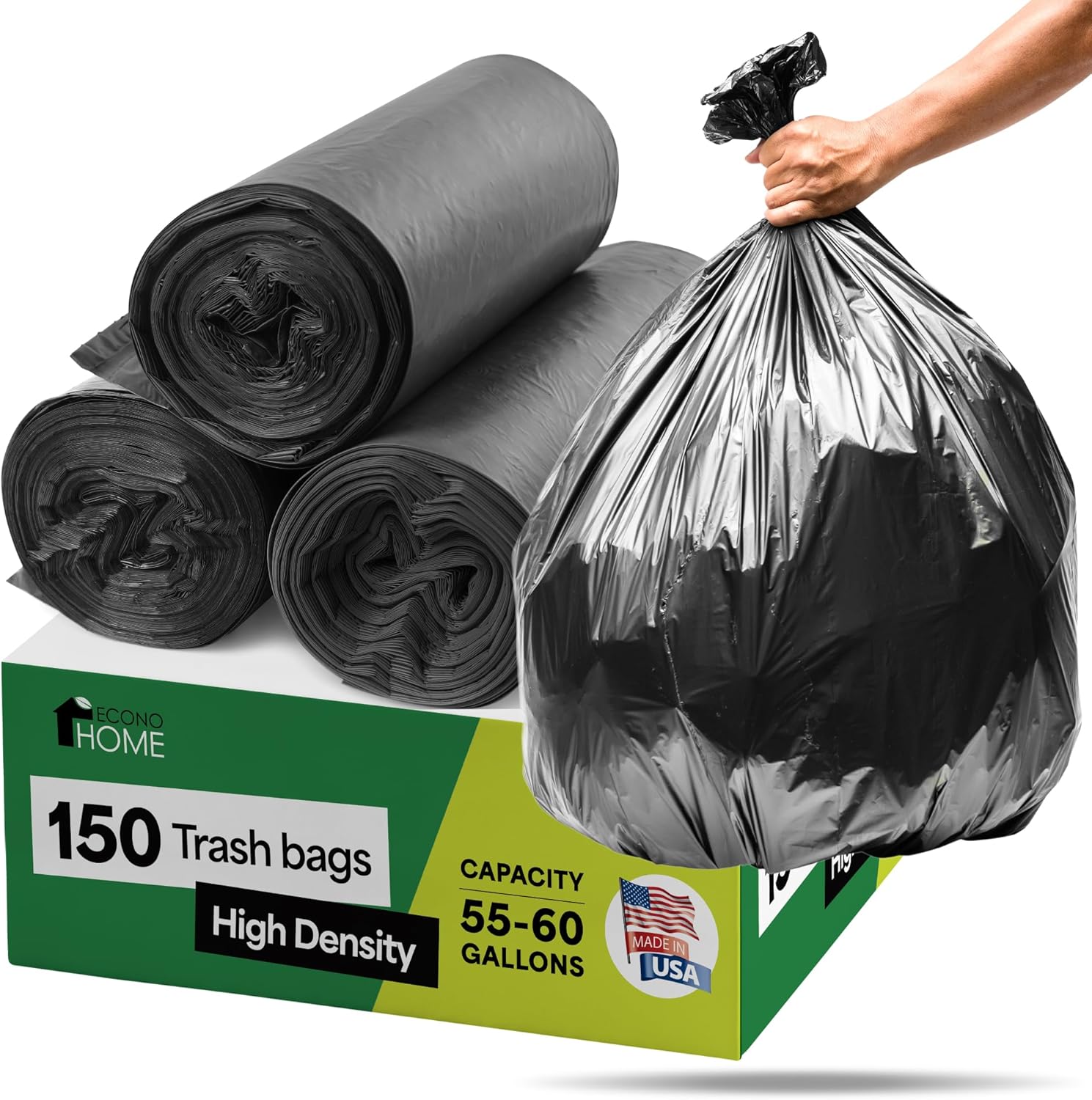 EconoHome Commercial 55-60 Gallon Garbage Bags - High Density Extra Large Trash Bags - 40x54" 17 Micron - Industrial Plastic Can Liners for Light Waste - Made in the USA - Bulk 150-Count, Black