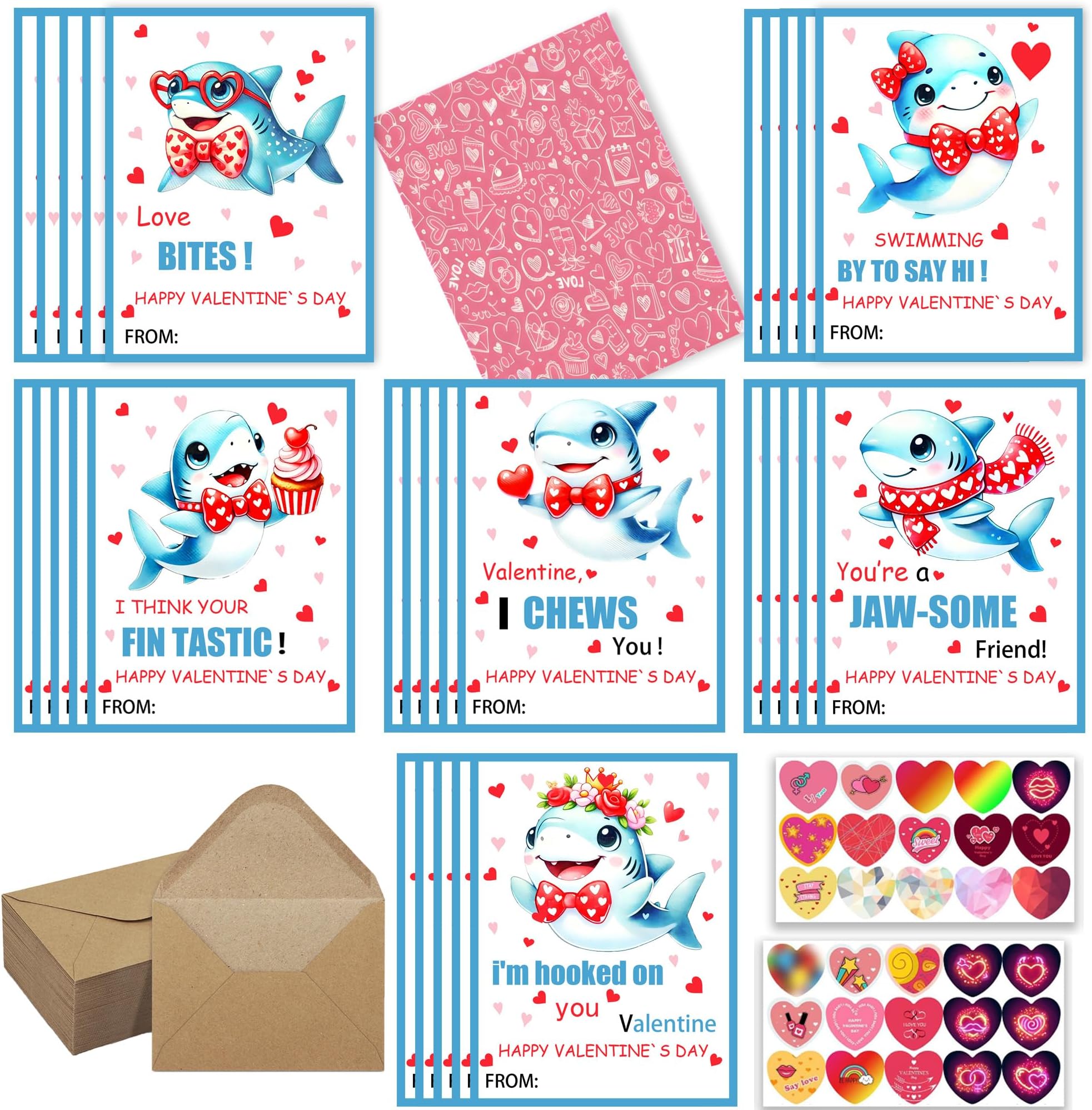 Shark Valentines Day Cards for Kids 30 PCS Cute Funny 4.7 * 3.6 Inch School Classroom Exchange Greeting Boys Girls Gift with Envelopes & Heart Stickers (Shark)