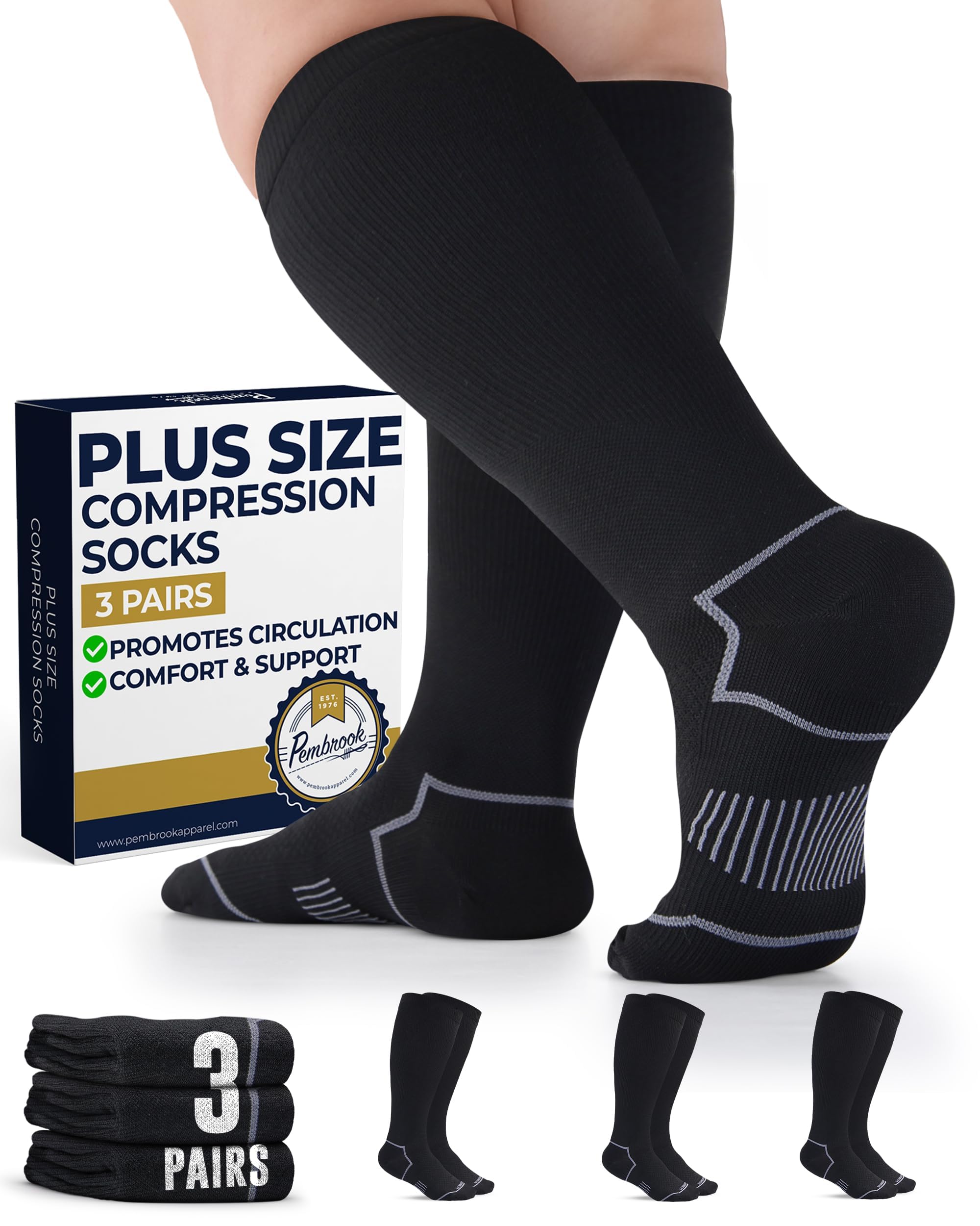 pembrook Plus Size Compression Socks for Women Wide Calf - 3 Pairs, 20-30mmHg Extra Wide Calf Compression Socks, Up to 4XL-picture-24