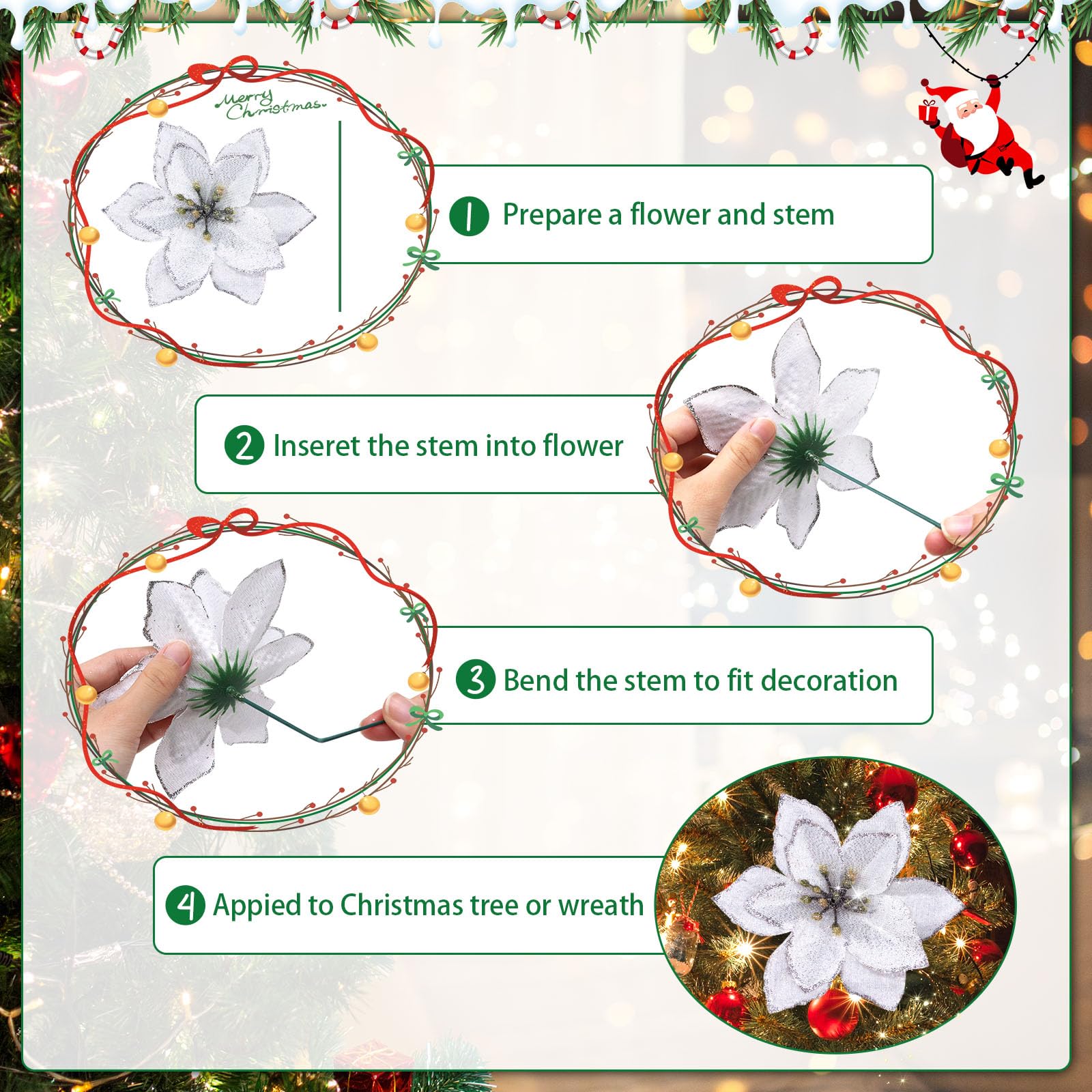 Shining She 10pcs Artificial Christmas Flowers, Glitter Poinsettia Flowers Ornament - Image 4