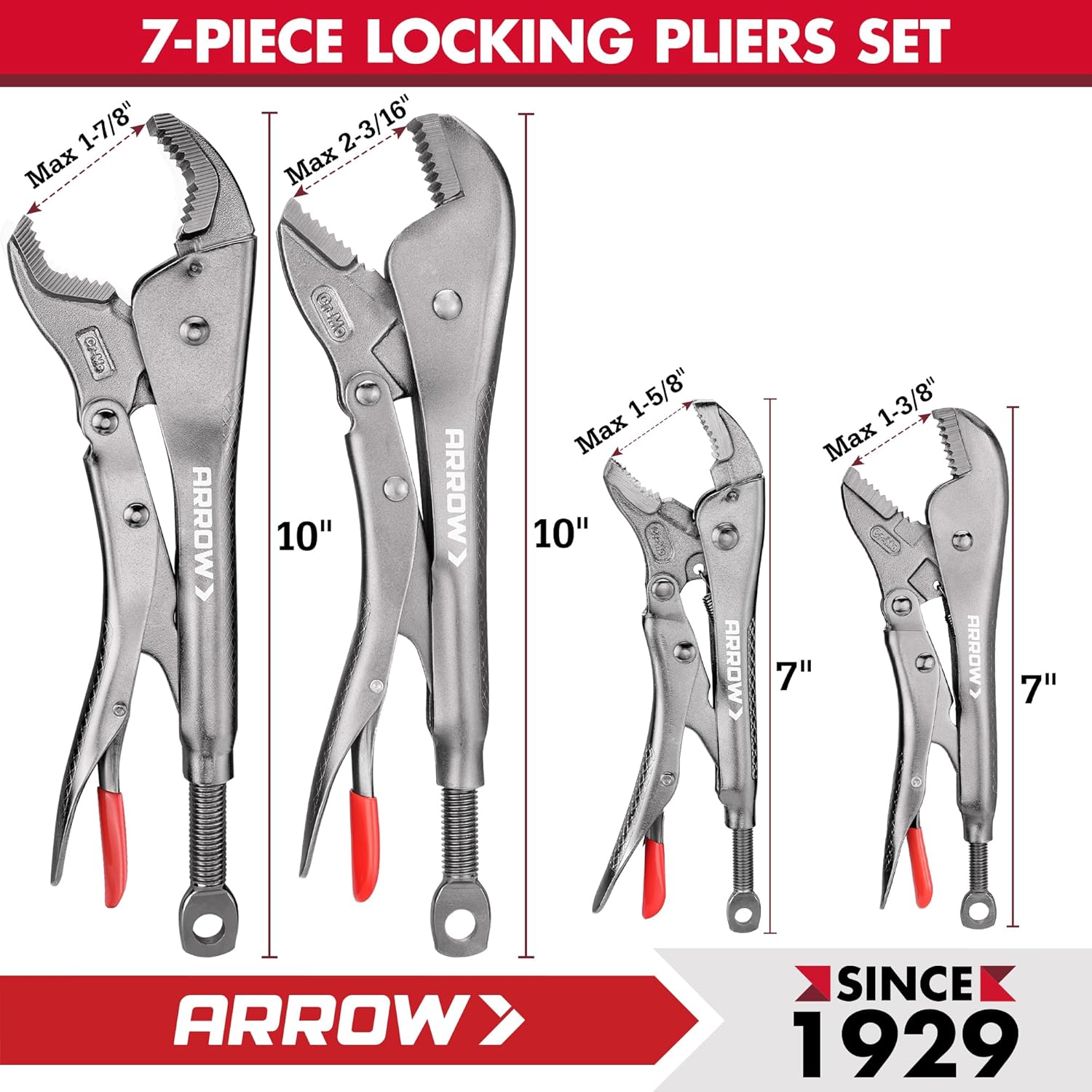 ARROW 7-piece Locking Pliers Set with Rolling Pouch, Chromium-Molybdenum Vice Grips, 5"/7" Curved Jaw, 6.5"/9" Long Nose, 7"/10" Straight Jaw, 10" V-Jaw Vise Grip Pliers