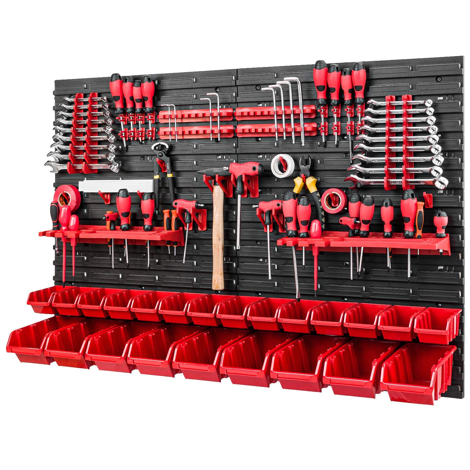 Pafen Red Tool Wall Stacking Boxes - 1152 X 780 Mm - Storage System Set With Tool Holders And 23 Boxes - Perforated Wall Storage