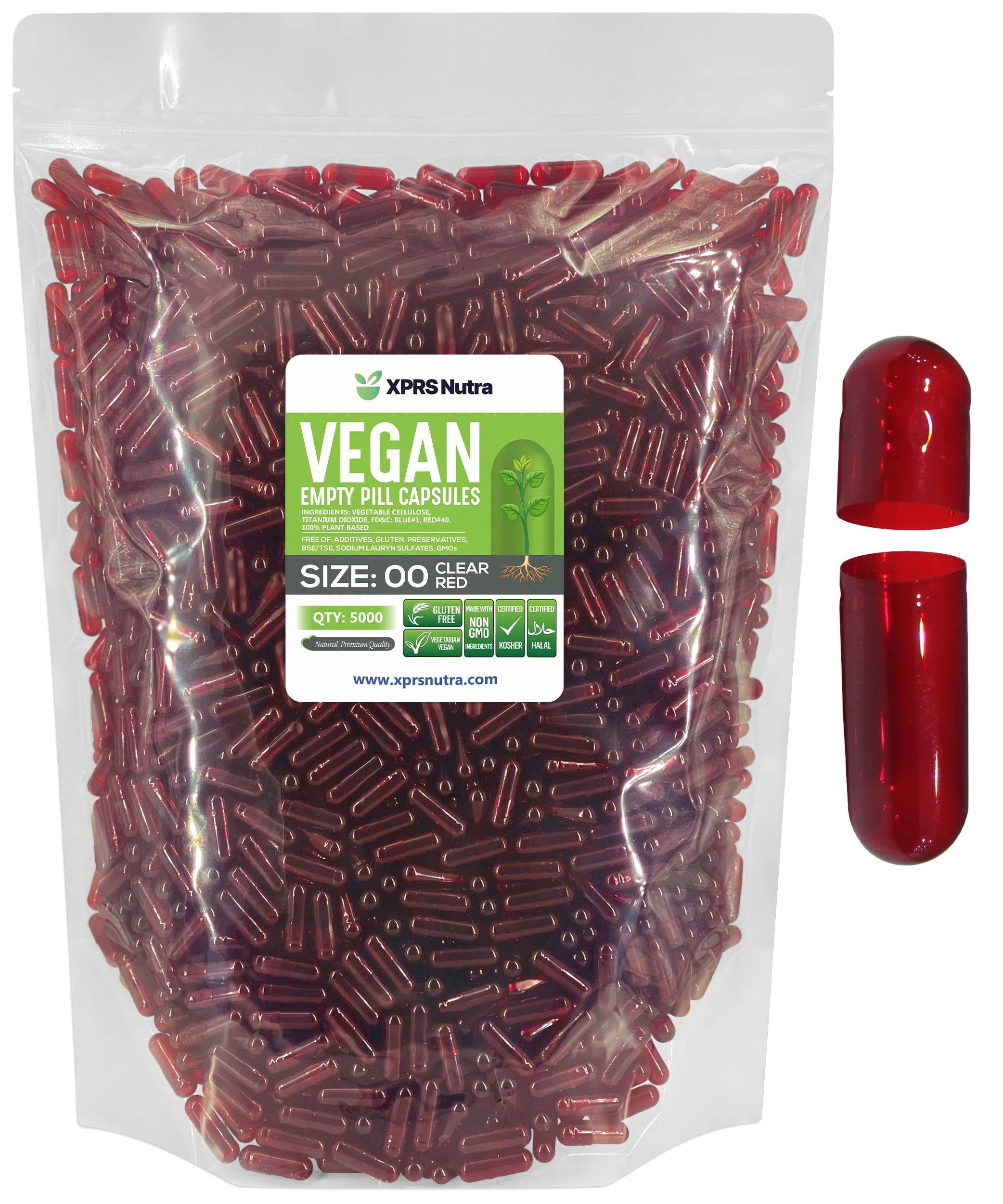 XPRS Nutra Size 00 Empty Capsules - 5000 Count Empty Vegan Capsules - Vegetarian Empty Pills - DIY Vegetable Capsule Filling- Veggie Pill Caps (Clear Red)