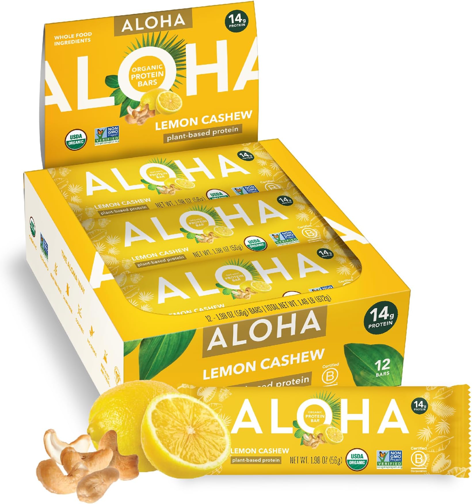 Organic Plant Based Protein Bars - Lemon Cashew - 12-Count - Vegan, Low Sugar, Gluten-Free, Paleo, Low Carb, Non-GMO, No Stevia & No Erythritol
