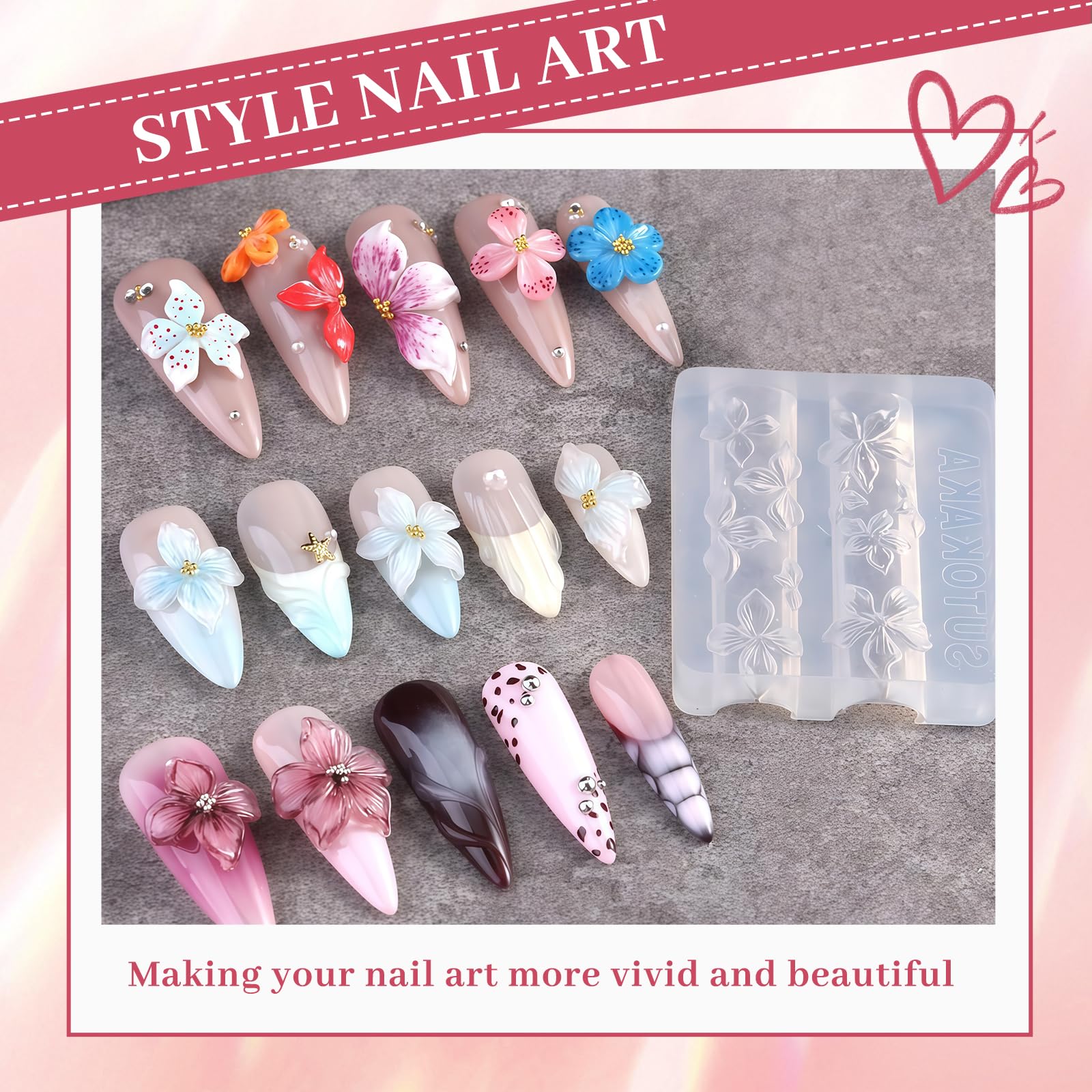 Nails Mold, Stampo per Unghie per Nail Art con Forma in Silicone a Fiori, 3D Gel Nail Art Stampo per Accessori DIY Manicure