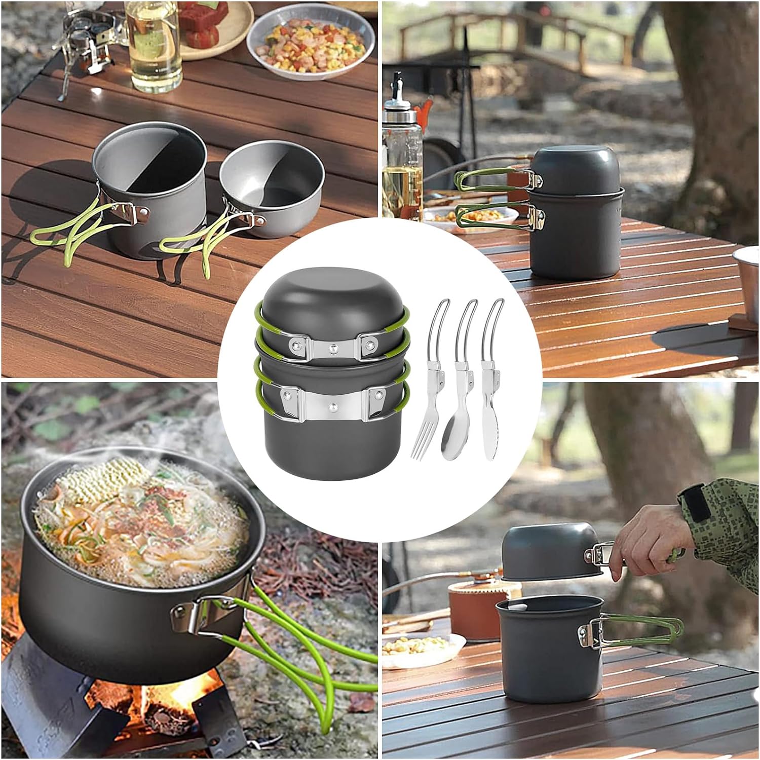Camping Cookware Mess Kit Backpacking Pot Gear Camping Cooking Pots and Pans Set Camp Kitchen Equipment Accessories Green - Image 5