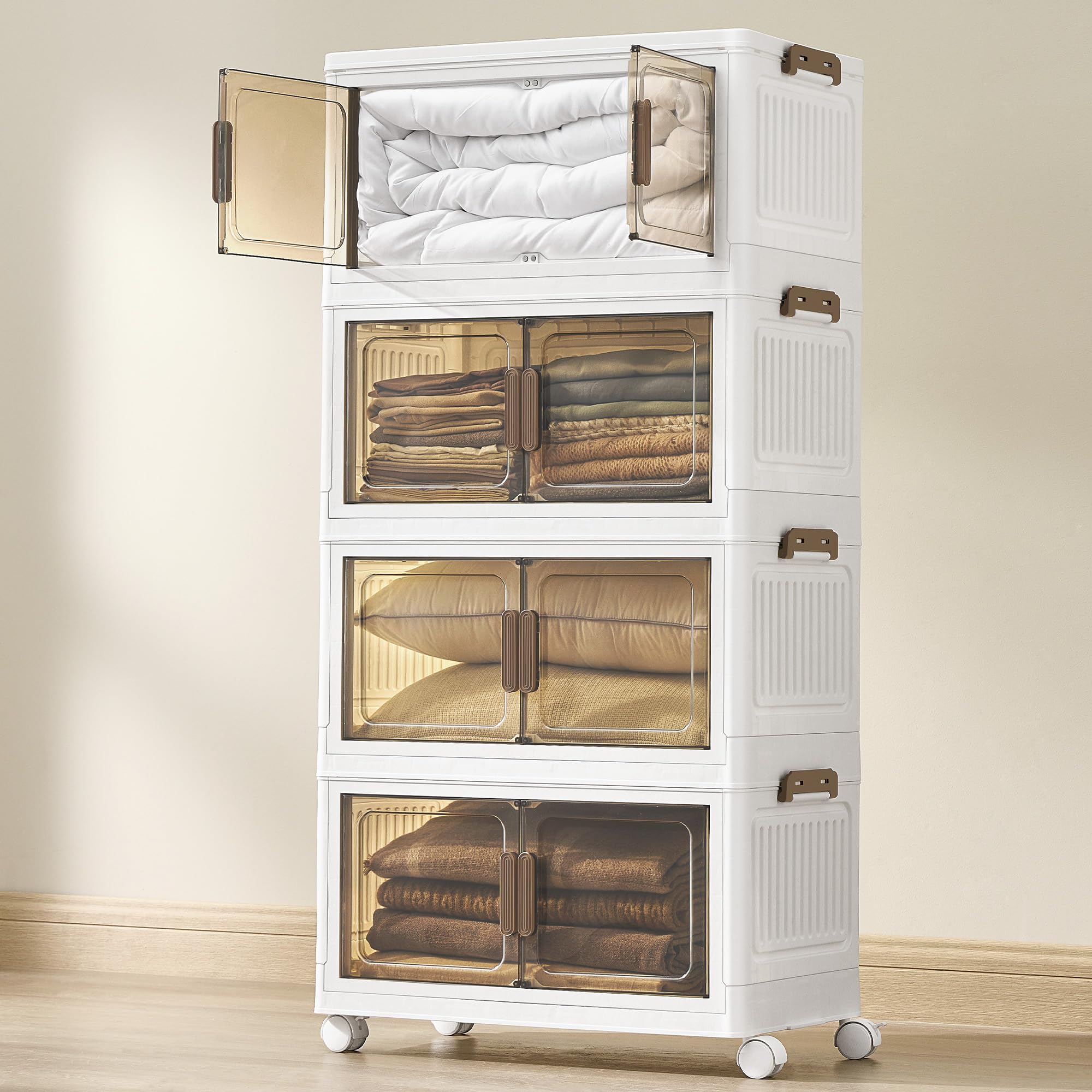SONGMICS Storage Boxes with Lid, 4-Tier Stackable Organiser with 1 Lid, Plastic Storage Bins on Wheels, Magnetic Door, Home Organisation, White, 45 L per Tier, 180 L Total, RLB450WZ01