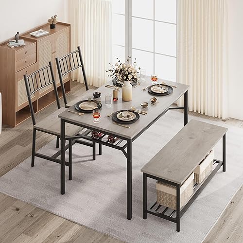 Miniatura 10 de GAOMON Juego de mesa de comedor para 4, mesa de cocina y sillas para 4 con estante para vino, juego de mesa de comedor con banco, juego de mesa de