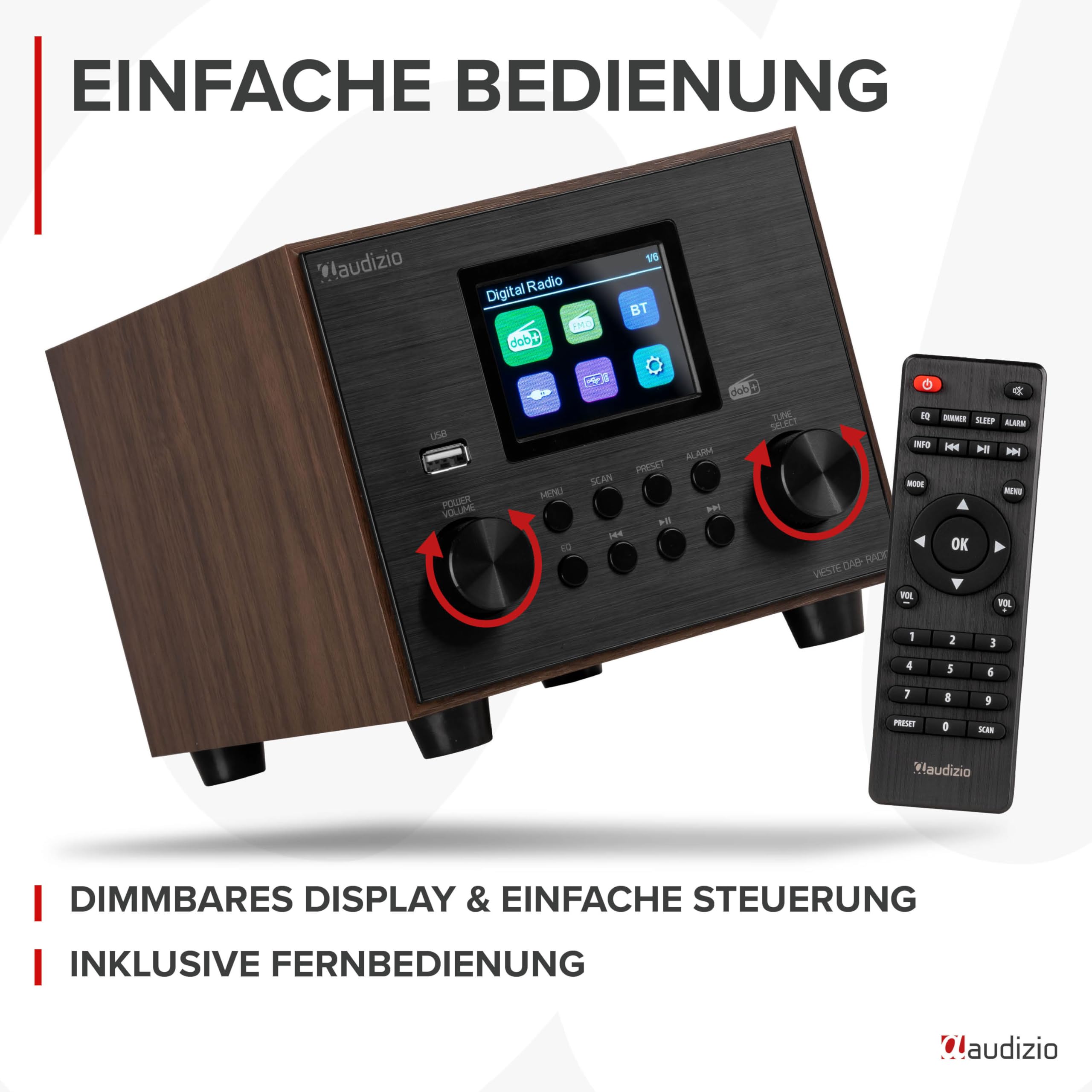 Audizio Vieste - DAB Radio mit Bluetooth, 60 Watt Lautsprecher, DAB Plus Radio mit USB Anschluss, FM & UKW, Weckerfunktion, 20 Speicherplätze, Auto-Suchlauf, Holz Braun