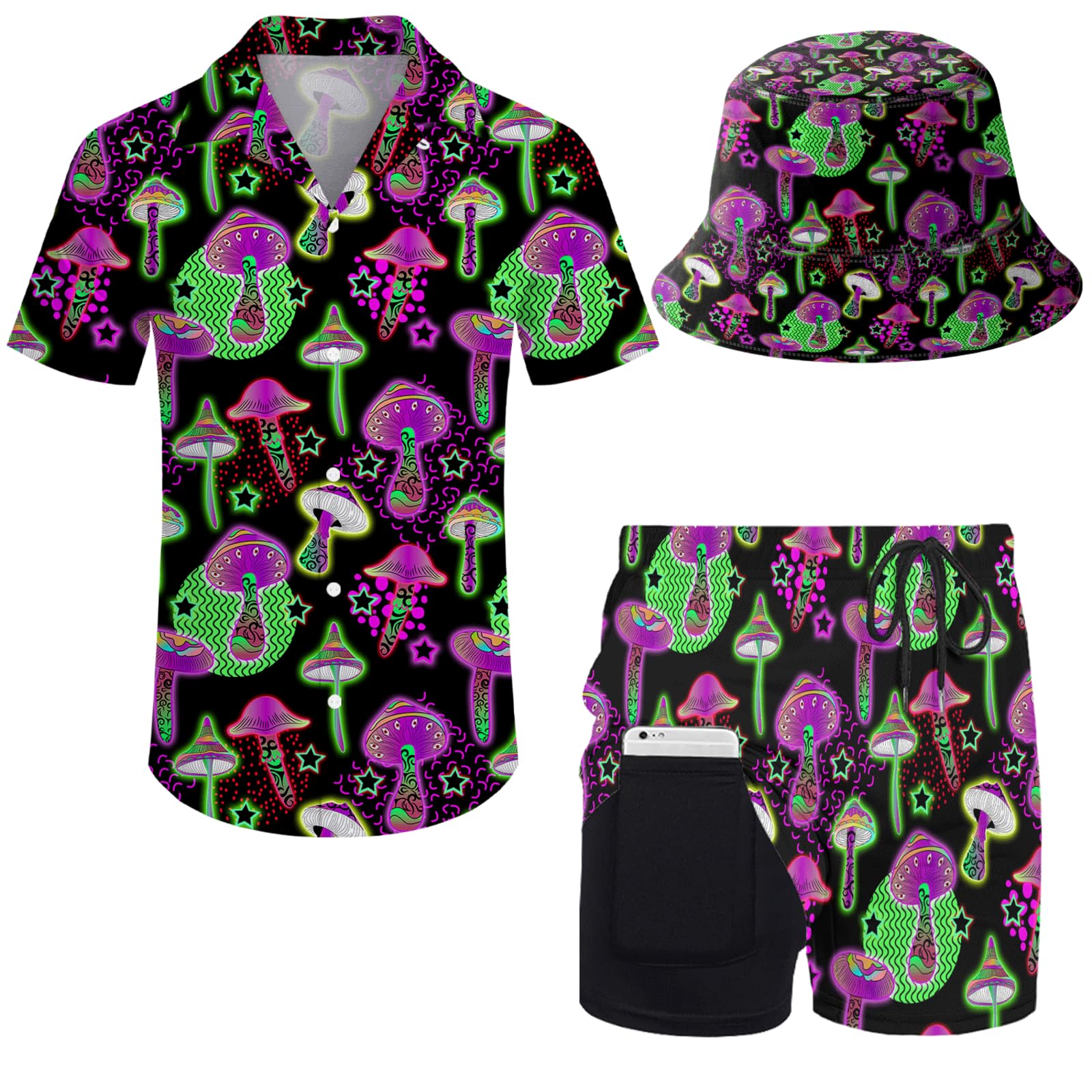 GIRPOL 2 Piece Outfits Hawaiian Shirt and Shorts with Hat, Mushroom1, Large