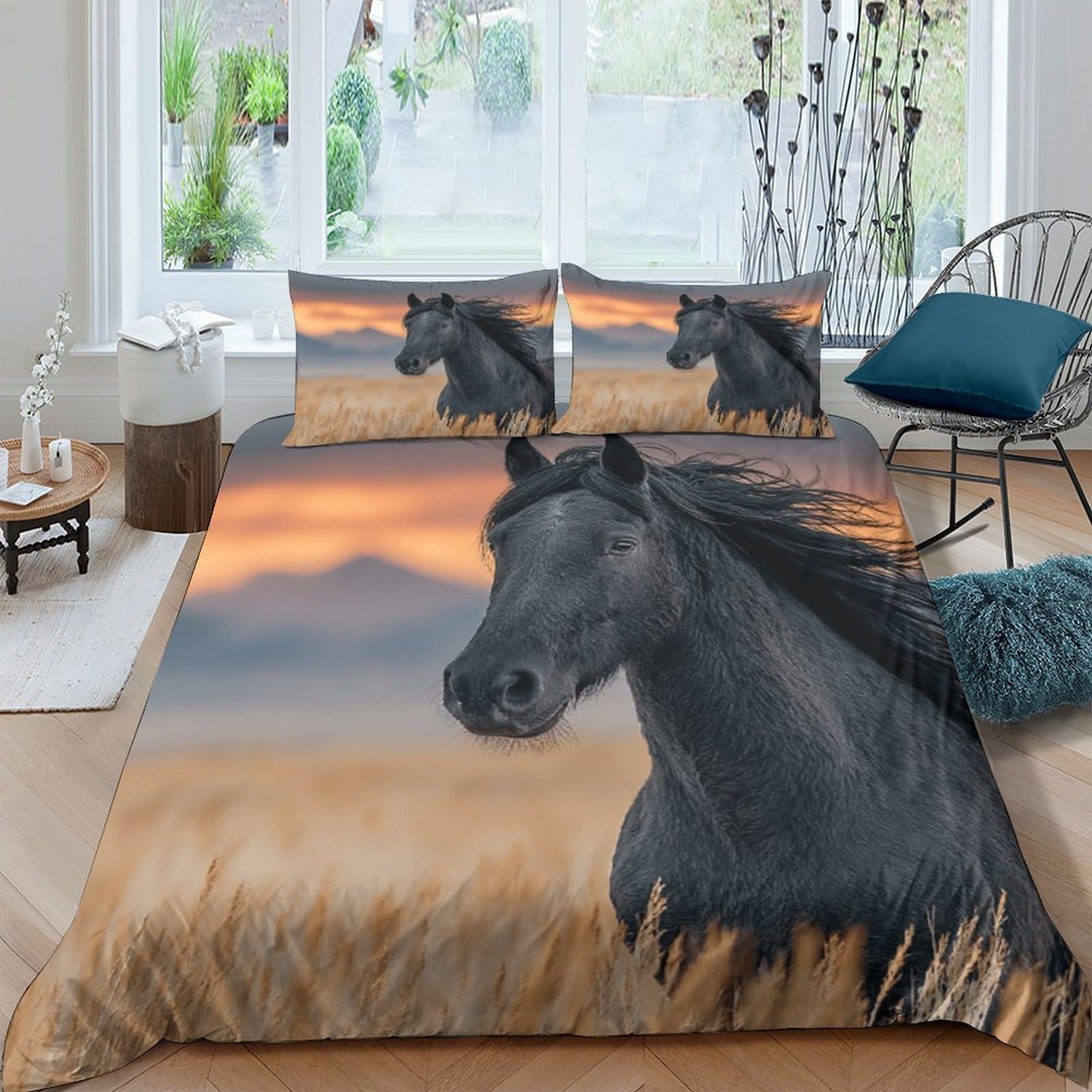 Ctjqhvkz Style-7 3D Printed Black Horse Fitted Sheet Microfiber Soft Bedroom Decor Sunset Field Mattress Cover For Home Guest Room Single（135X200cm）