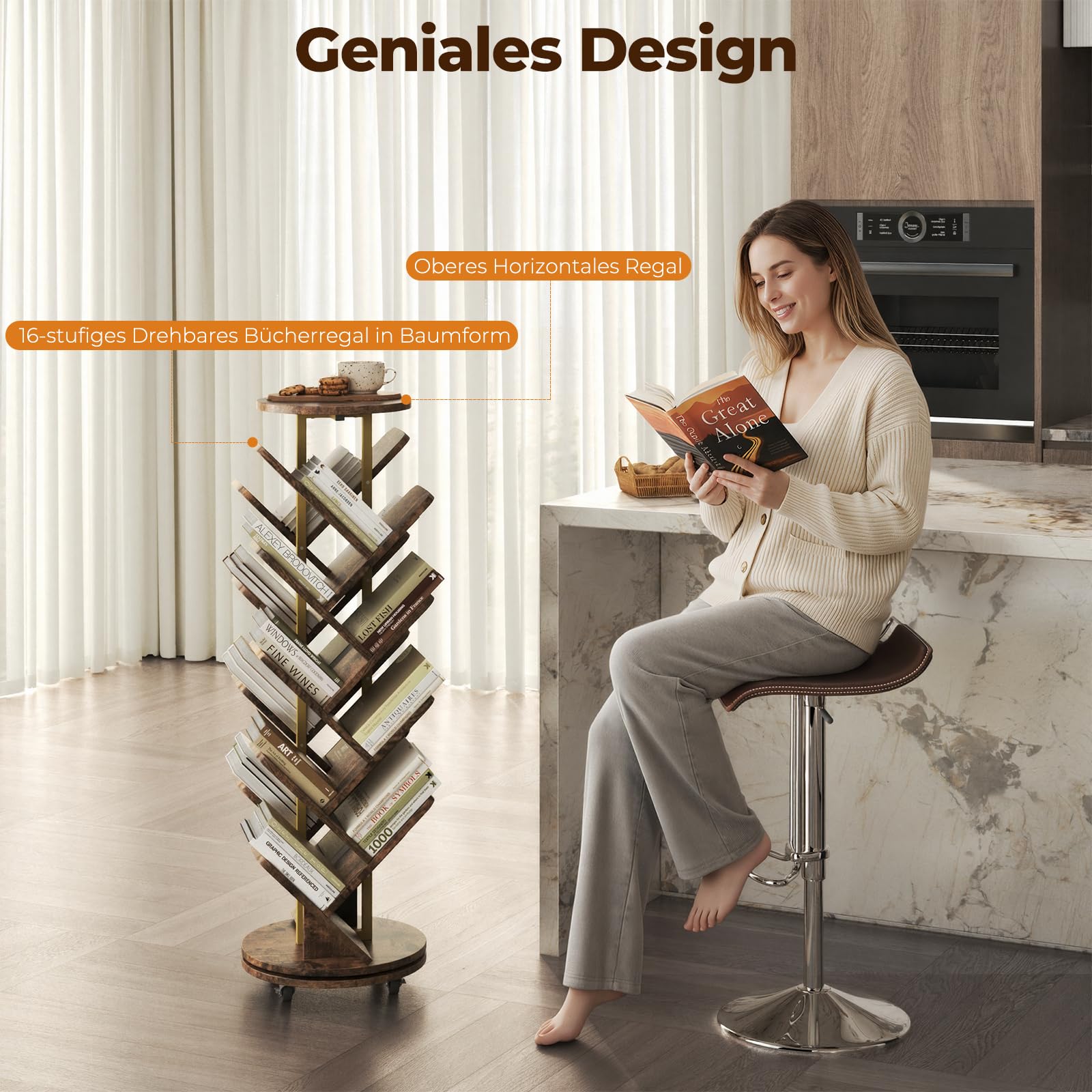 HOMRELEXA 360° Drehbares Bücherregal Baumform, Bücherregal Drehbar Standregal Multifunktionales 17 Ebenen, Beweglich und Feststellbar, für Wohnzimmer Büro Schlafzimmer, 40x40x127cm, Braun