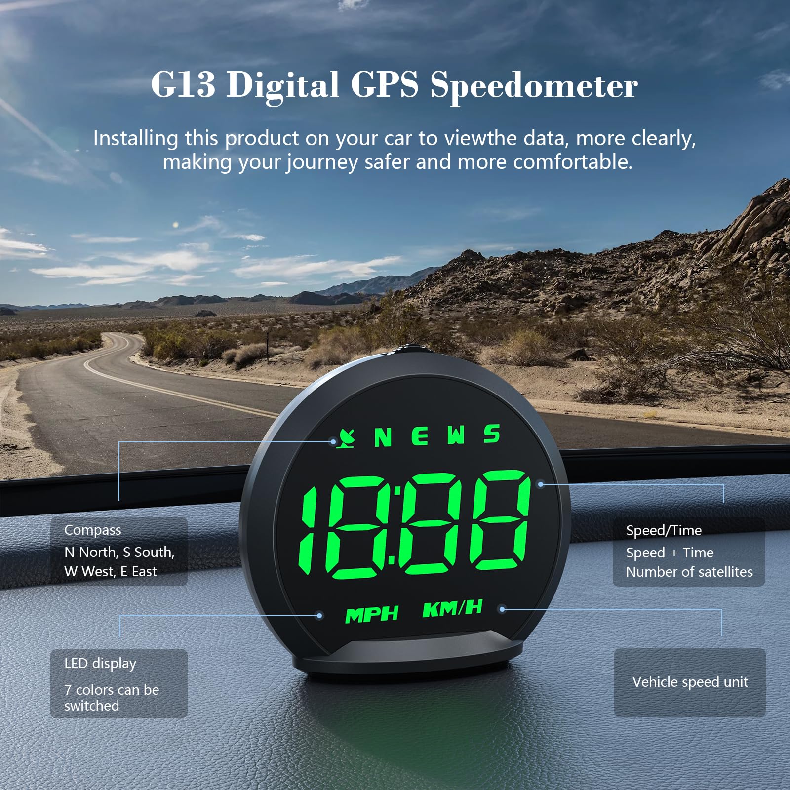 Liiiyuan G13 GPS Speedometer, Universal Digital GPS Speedometer with Color Font, USB Connection, HUD Display Suitable for All Vehicles, Plug and Play.