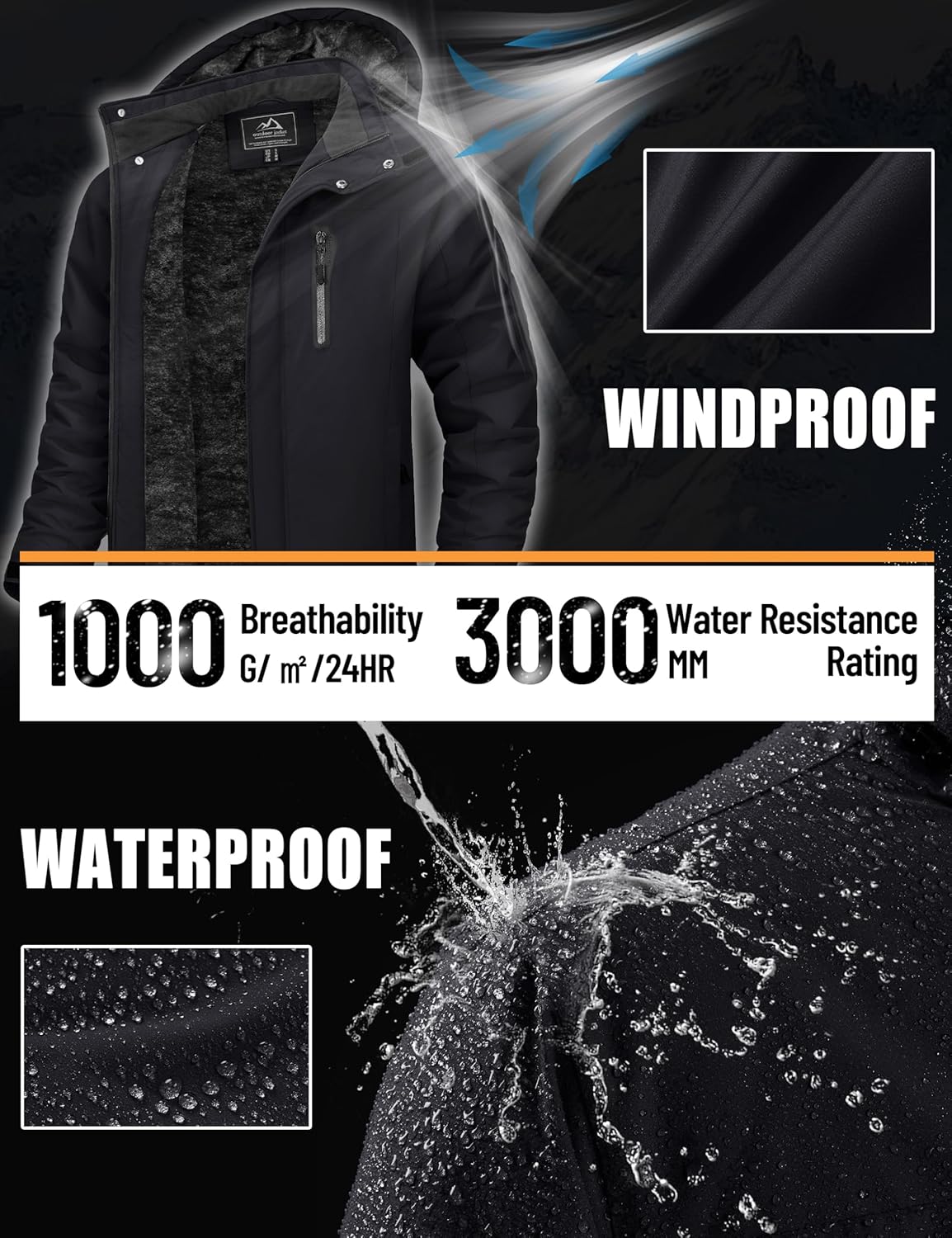 TACVASEN Men's Winter Jacket Waterproof Ski Coat Warm Fleece Lined Windproof Snowboard Jacket with 4 Pockets Hiking - Image 2