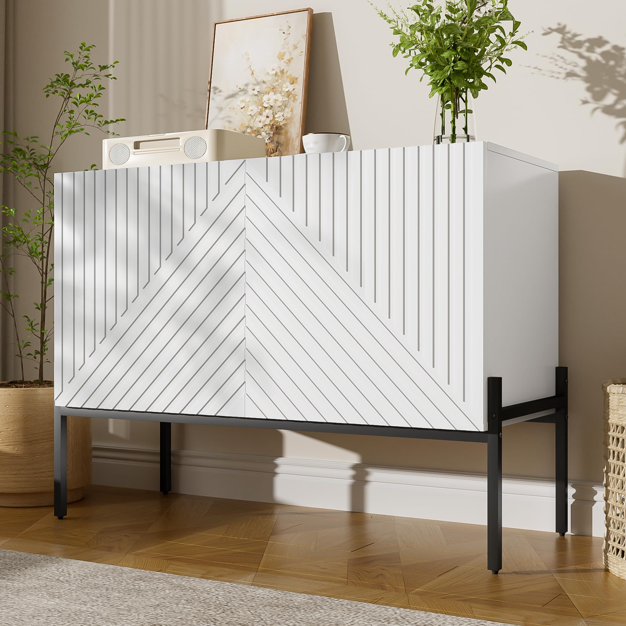 Jaxenor Sideboard with 2 Doors, Line Design & Metal Legs for Living Room